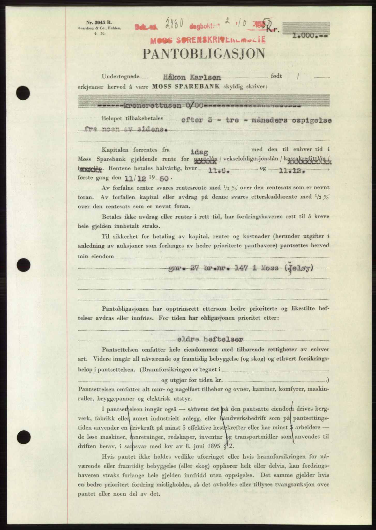 Moss sorenskriveri, SAO/A-10168: Pantebok nr. B25, 1950-1950, Dagboknr: 2880/1950