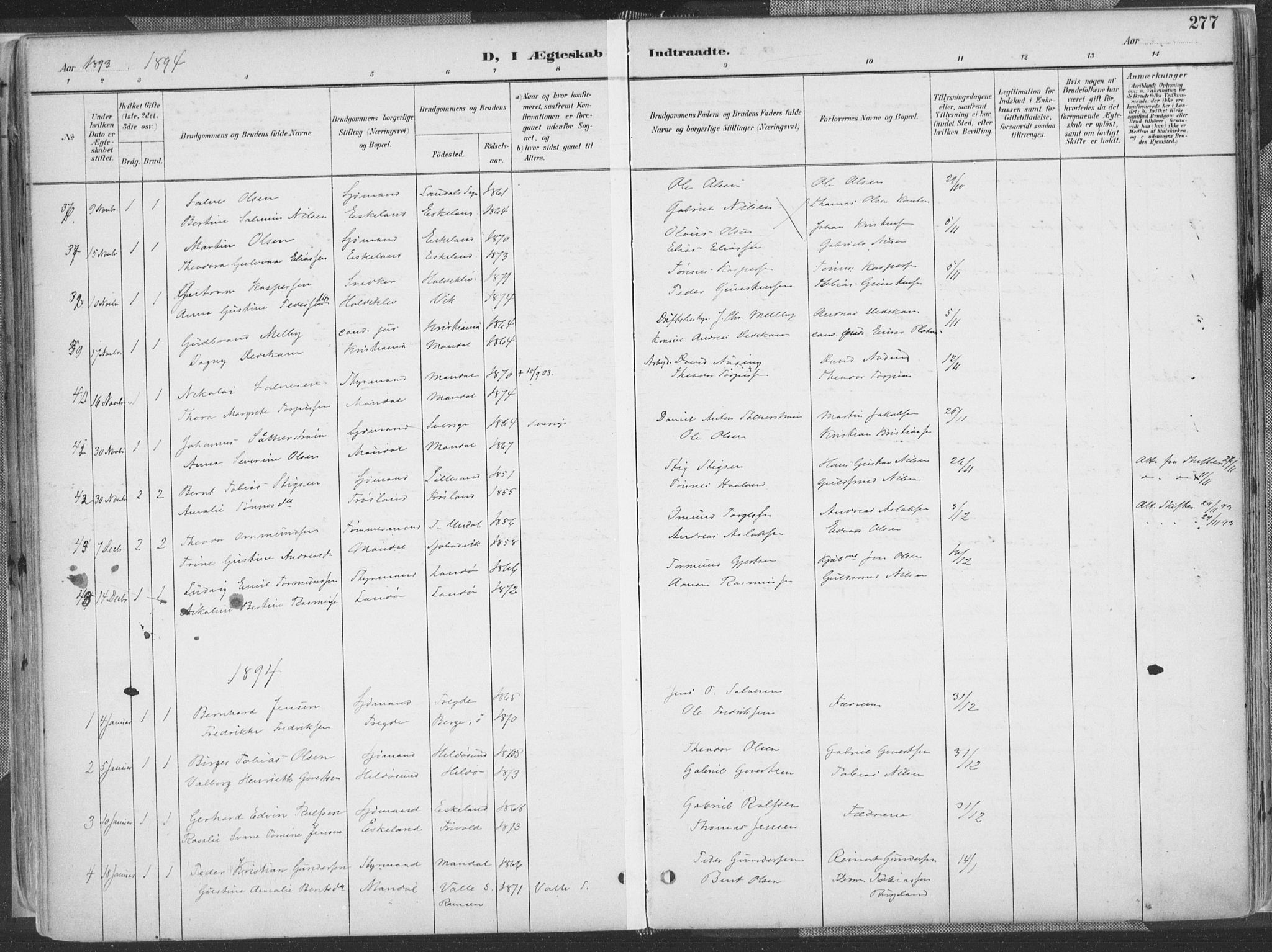 Mandal sokneprestkontor, SAK/1111-0030/F/Fa/Faa/L0018: Ministerialbok nr. A 18, 1890-1905, s. 277