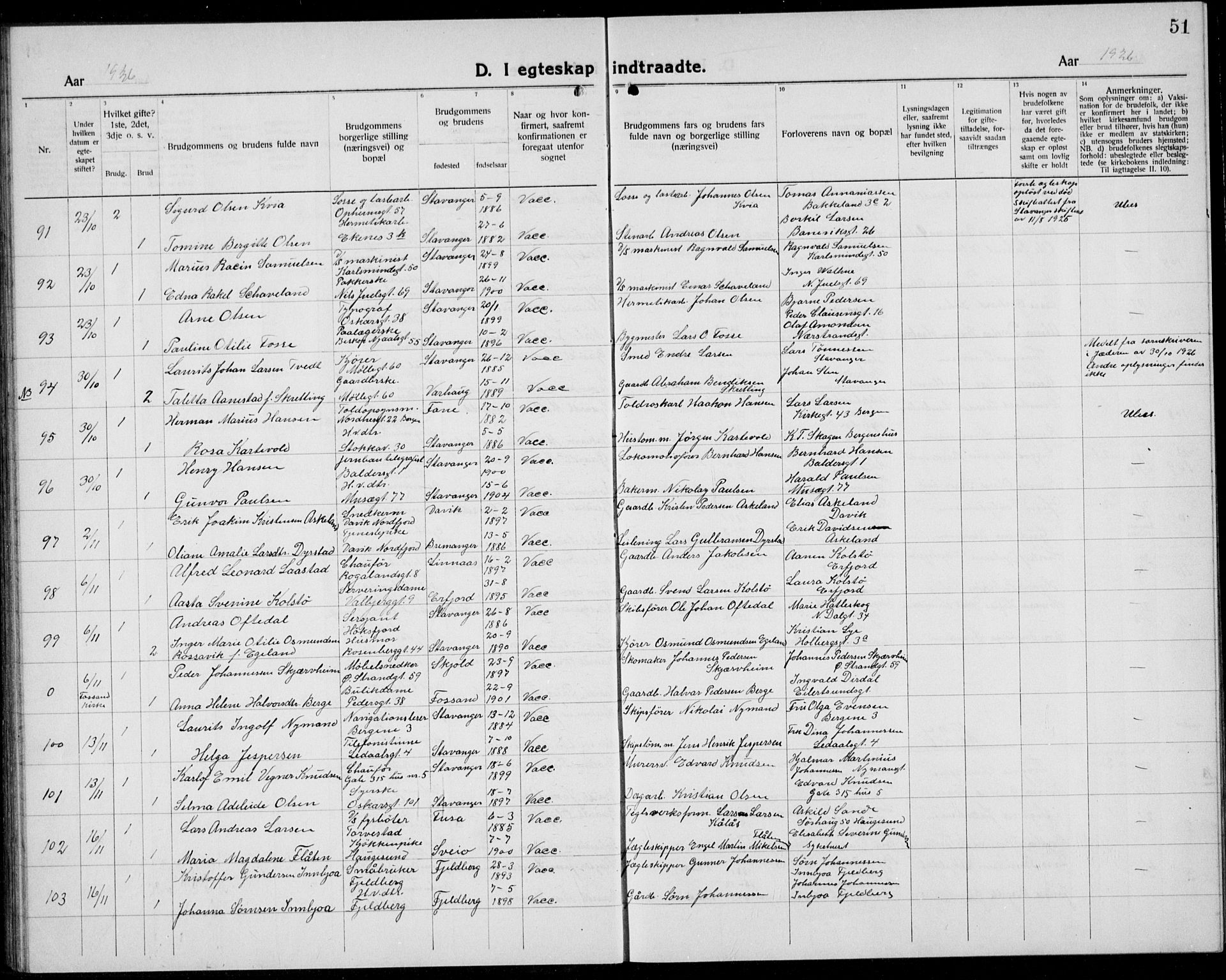 Domkirken sokneprestkontor, AV/SAST-A-101812/001/30/30BB/L0020: Klokkerbok nr. B 20, 1921-1937, s. 51