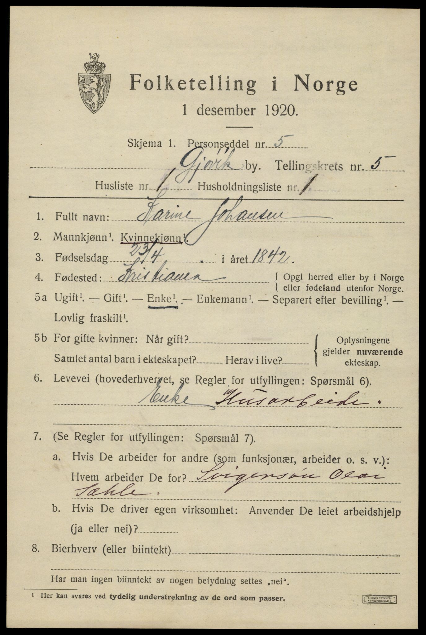 SAH, Folketelling 1920 for 0502 Gjøvik kjøpstad, 1920, s. 10006