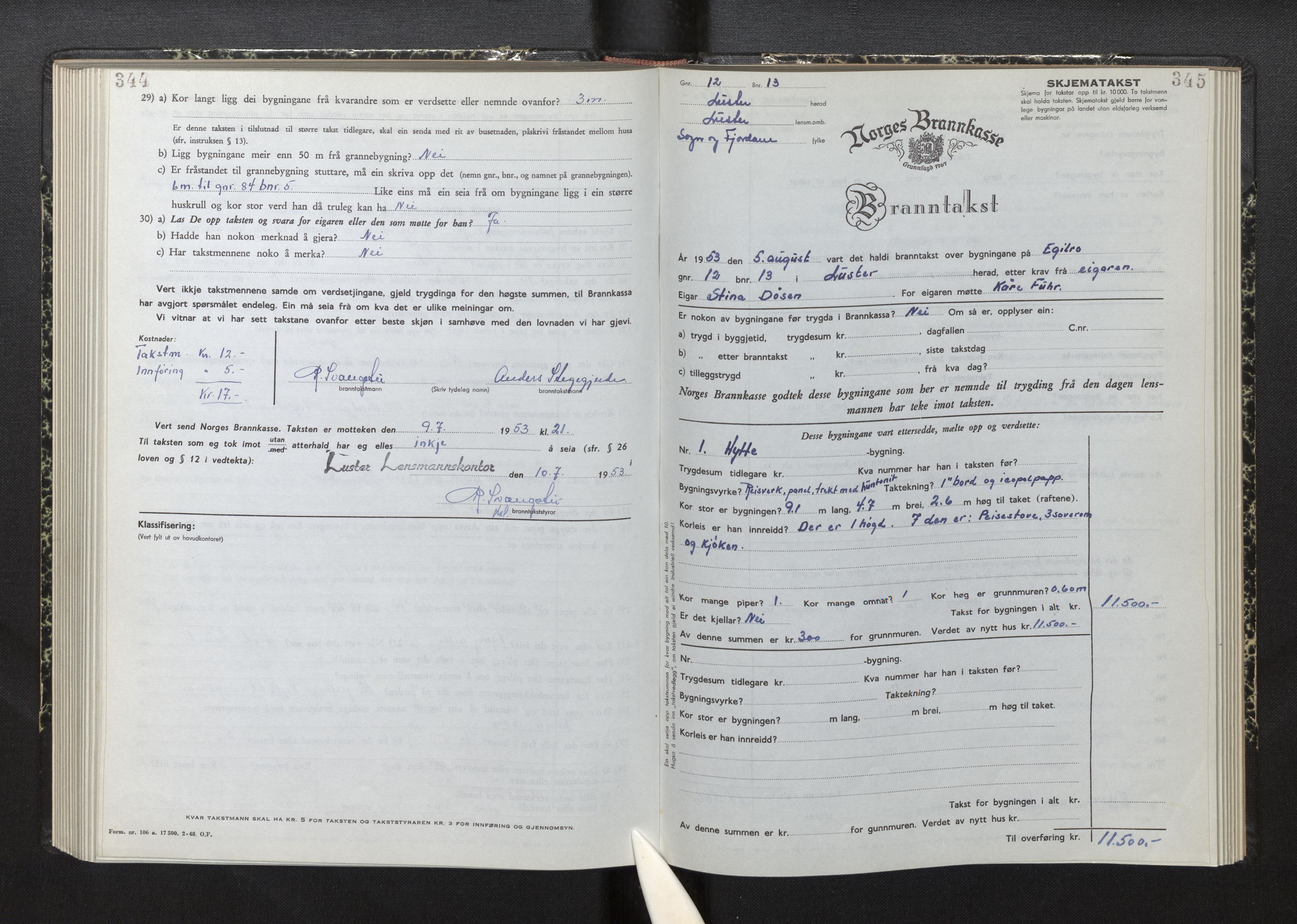 Lensmannen i Luster, AV/SAB-A-29301/0012/L0008: Branntakstprotokoll, skjematakst, 1949-1955, s. 344-345