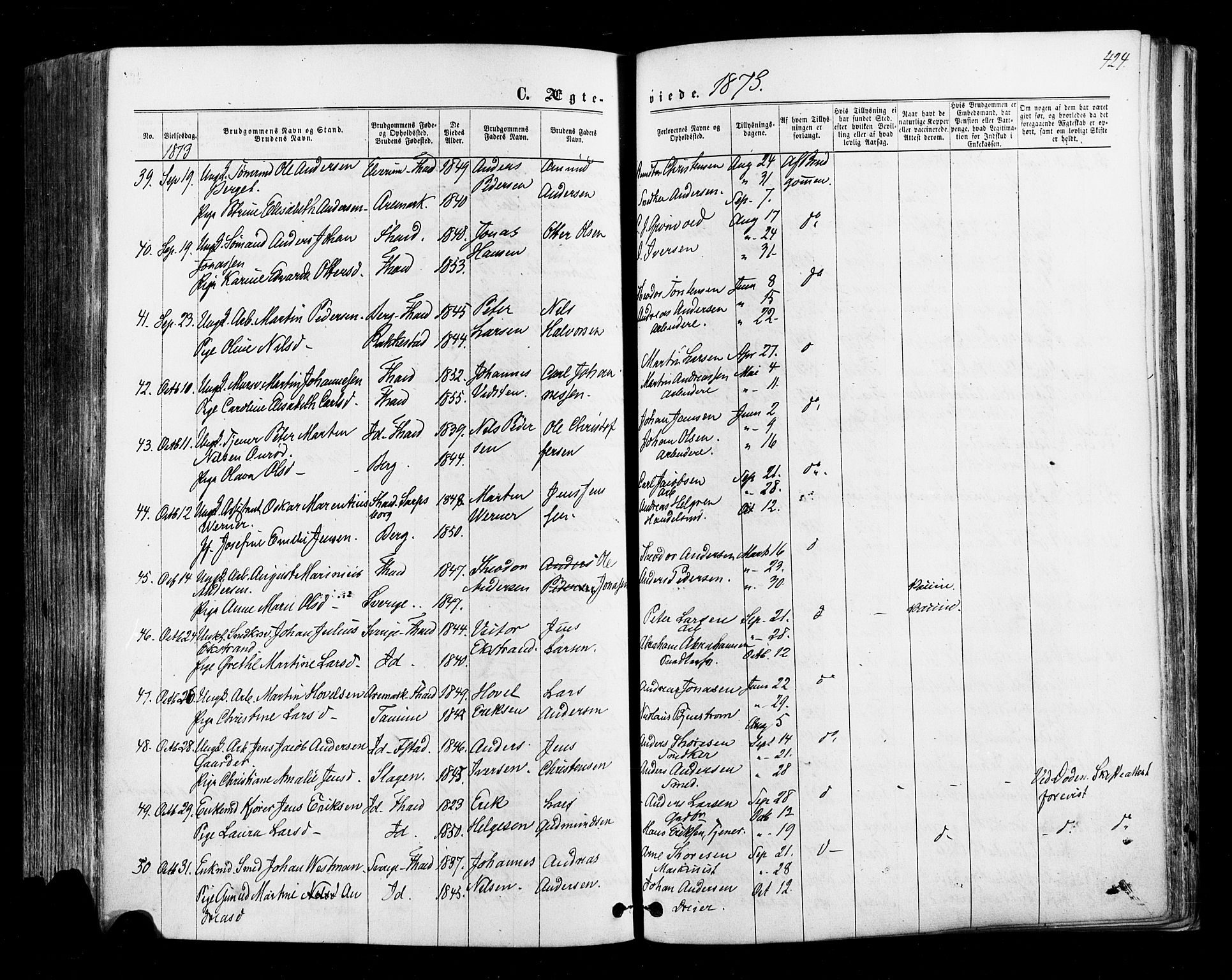 Halden prestekontor Kirkebøker, AV/SAO-A-10909/F/Fa/L0009: Ministerialbok nr. I 9, 1866-1877, s. 424