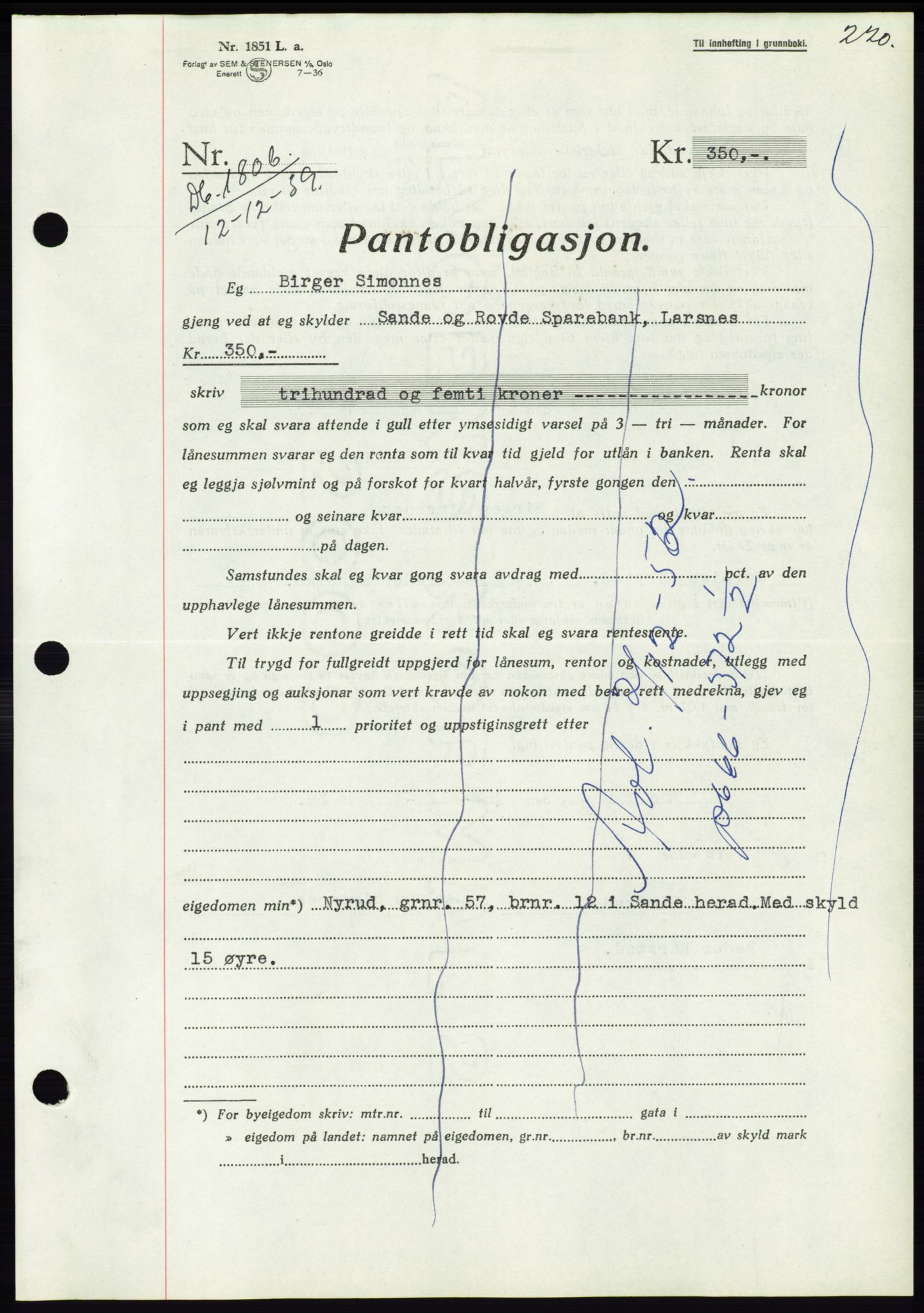 Søre Sunnmøre sorenskriveri, SAT/A-4122/1/2/2C/L0069: Pantebok nr. 63, 1939-1940, Dagboknr: 1808/1939