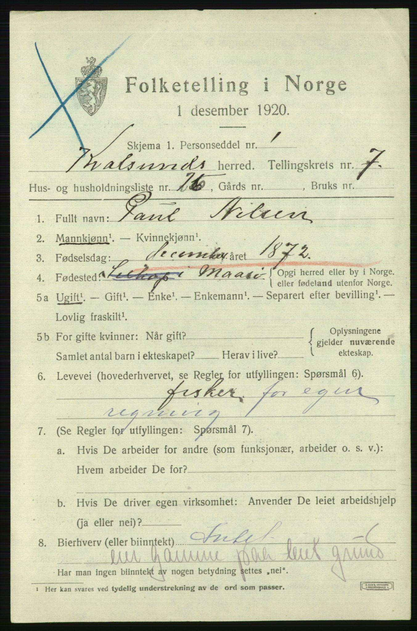 SATØ, Folketelling 1920 for 2017 Kvalsund herred, 1920, s. 2420
