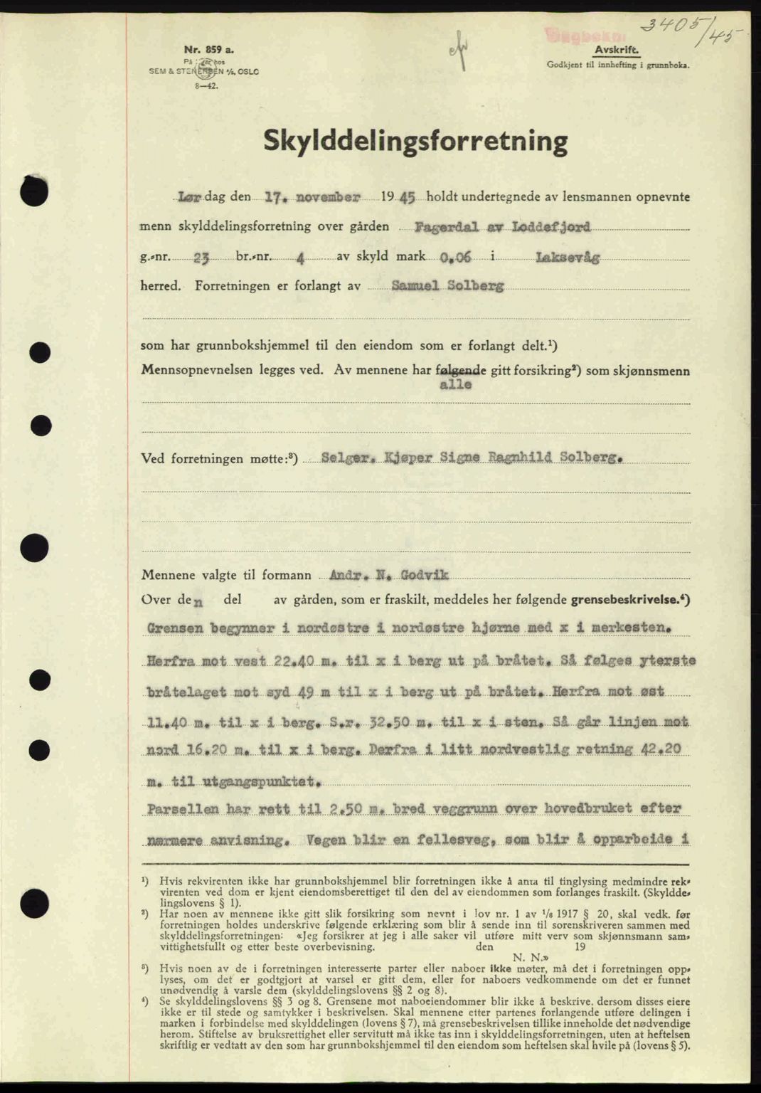 Midhordland sorenskriveri, SAB/A-3001/1/G/Gb/Gbk/L0008: Pantebok nr. A36-41, 1944-1945, Dagboknr: 3405/1945