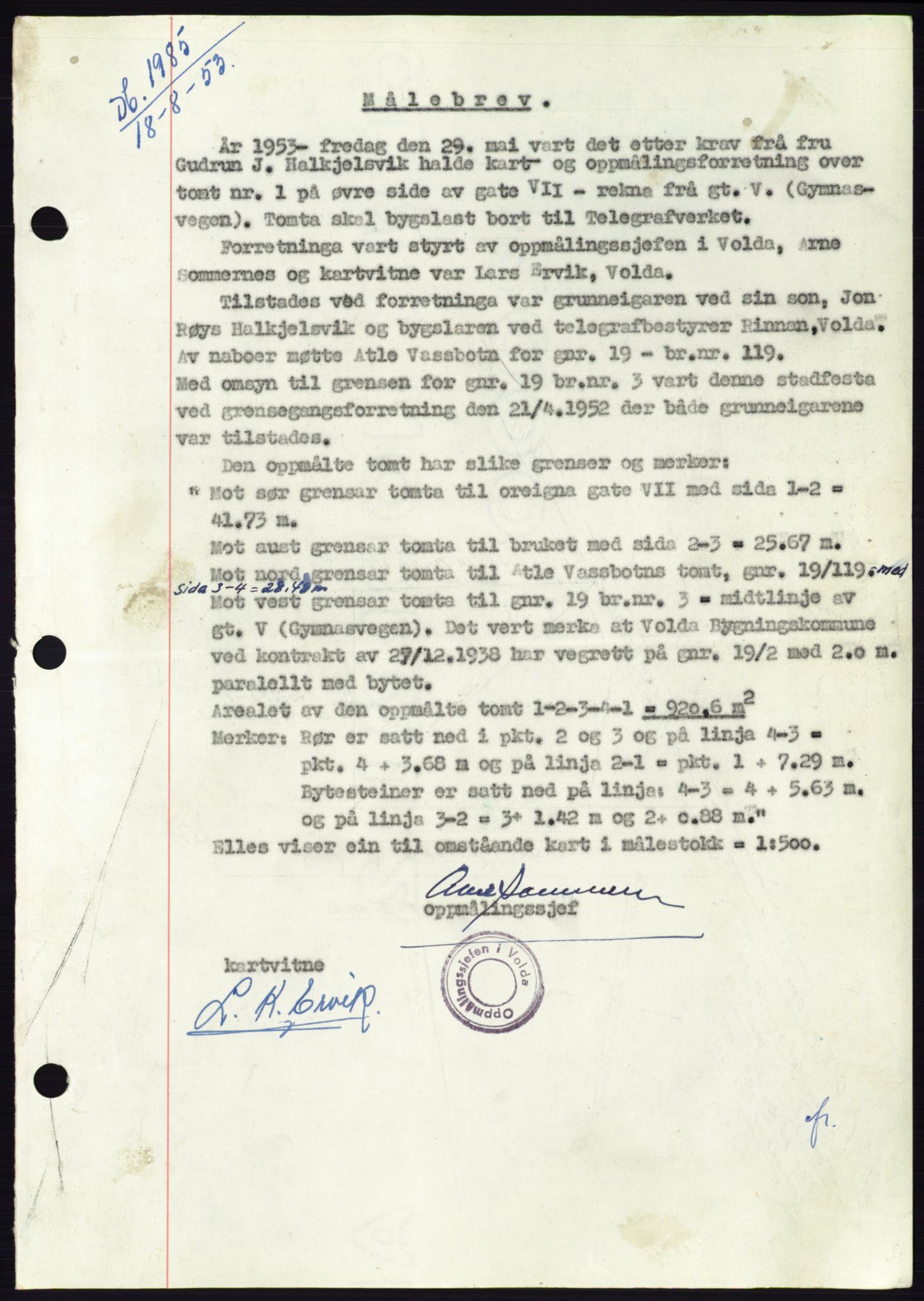 Søre Sunnmøre sorenskriveri, AV/SAT-A-4122/1/2/2C/L0095: Pantebok nr. 21A, 1953-1953, Dagboknr: 1985/1953