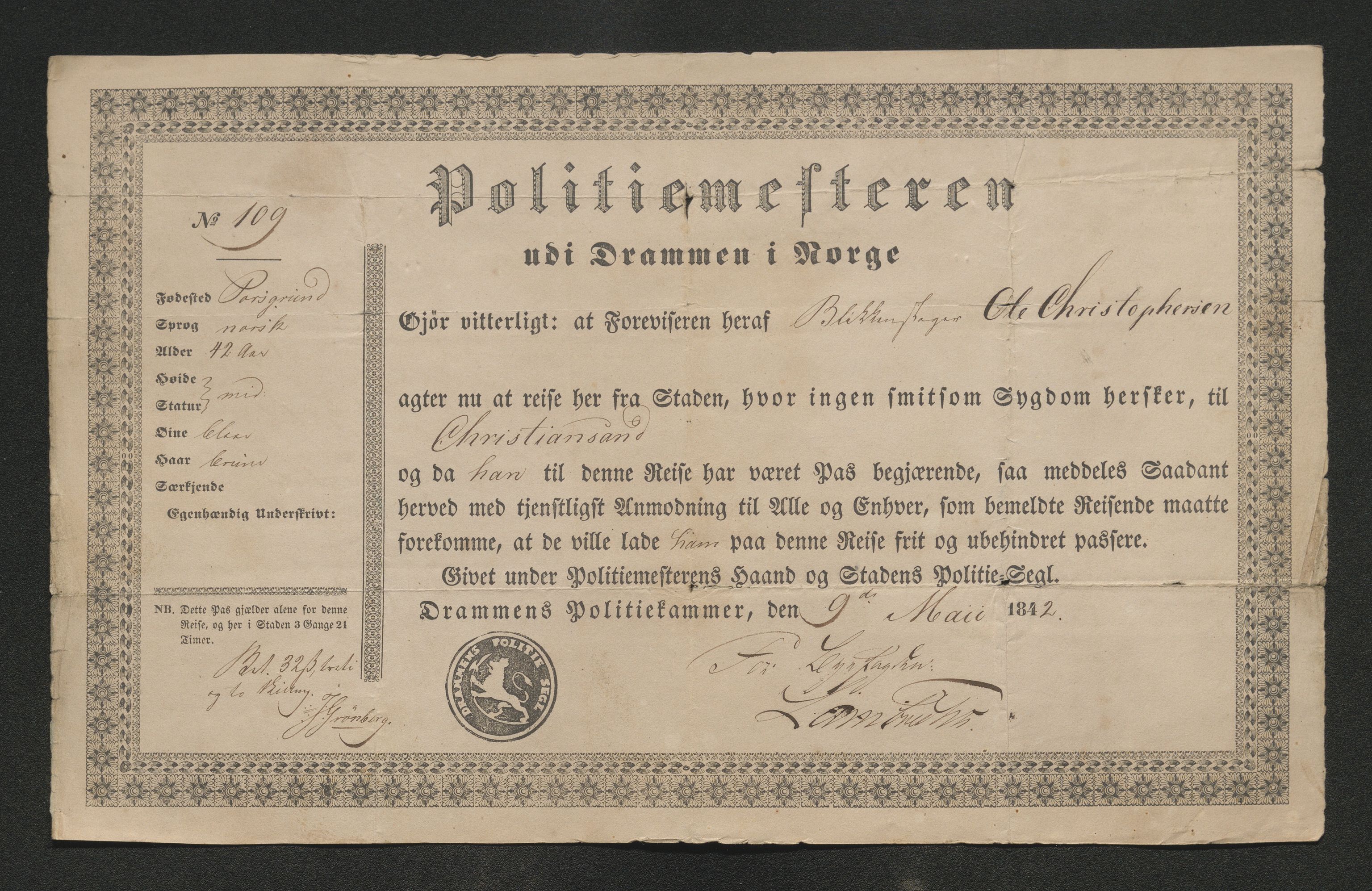 Drammen politikammer, SAKO/A-623/I/Ia/Iab/L0007: Innleverte pass, 1843-1844, s. 273