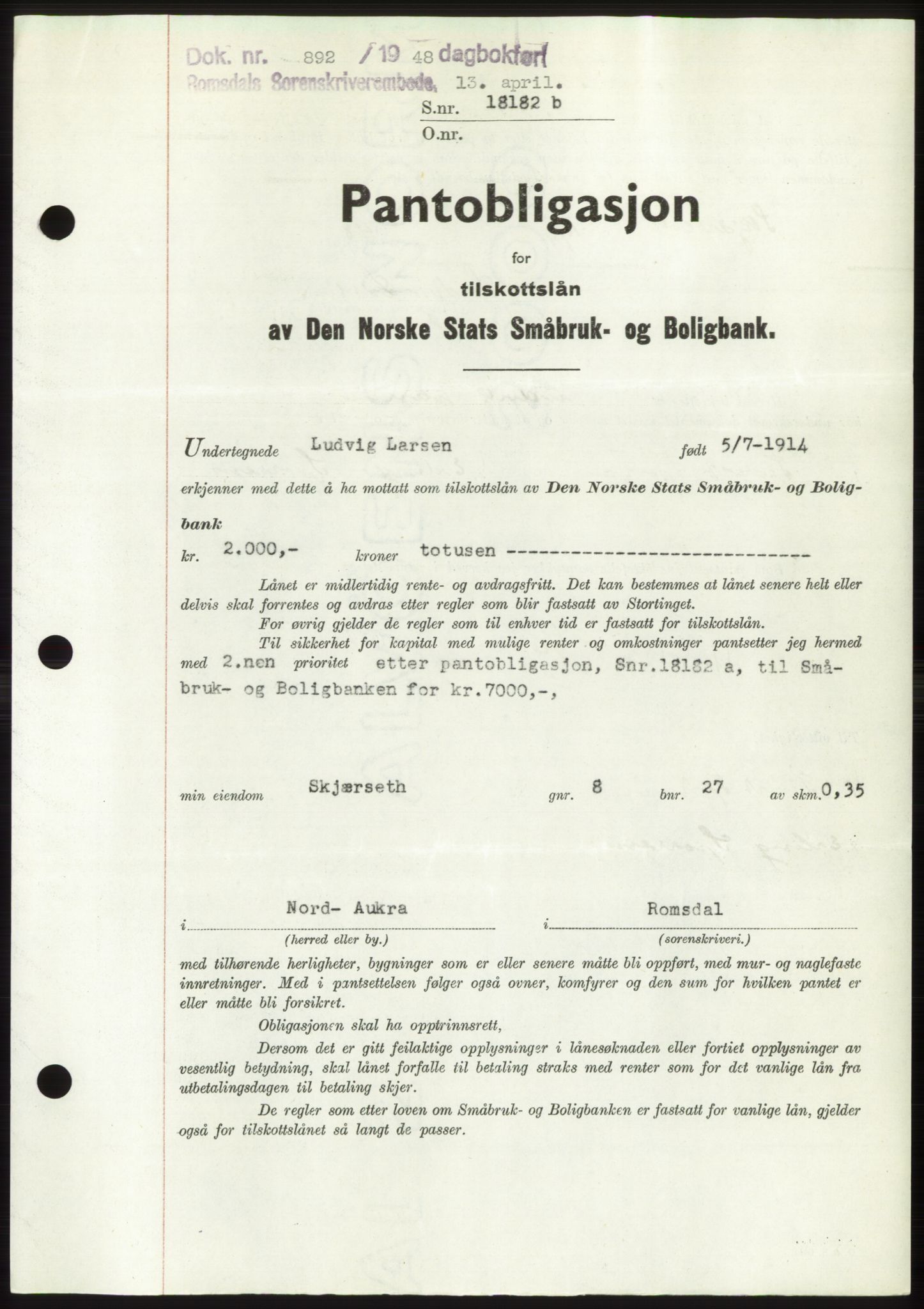Romsdal sorenskriveri, SAT/A-4149/1/2/2C: Pantebok nr. B3, 1946-1948, Dagboknr: 892/1948