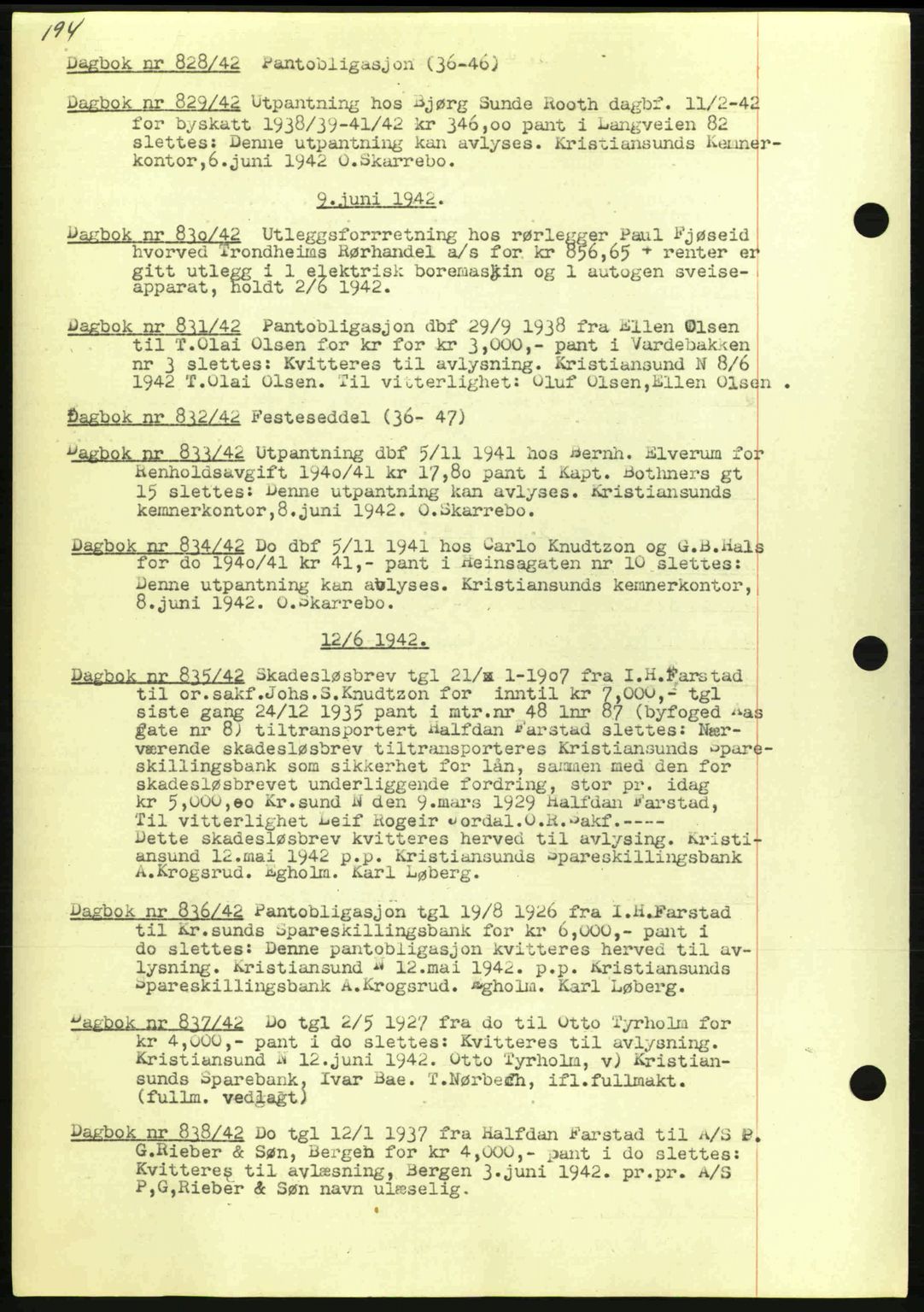 Kristiansund byfogd, AV/SAT-A-4587/A/27: Pantebok nr. 32a, 1938-1946, Dagboknr: 829/1942