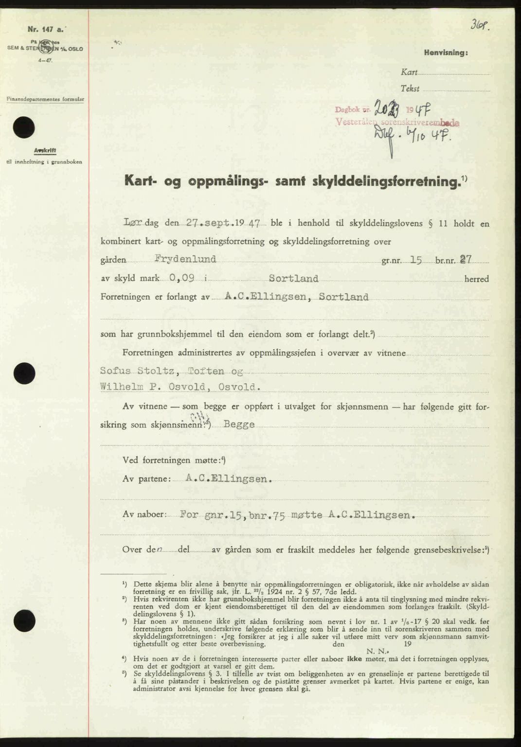 Vesterålen sorenskriveri, SAT/A-4180/1/2/2Ca: Pantebok nr. A21, 1947-1947, Dagboknr: 2023/1947