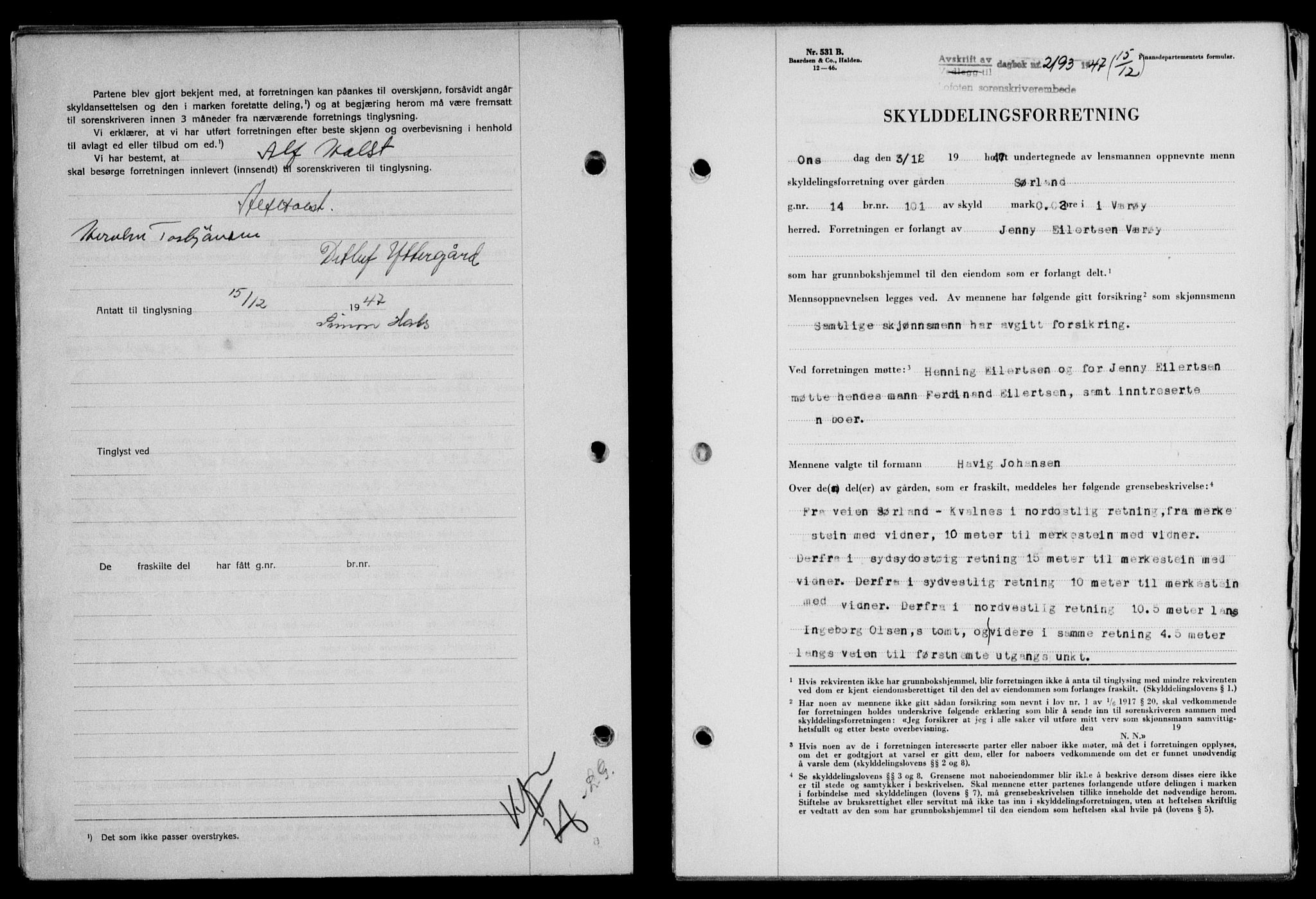 Lofoten sorenskriveri, SAT/A-0017/1/2/2C/L0017a: Pantebok nr. 17a, 1947-1948, Dagboknr: 2193/1947