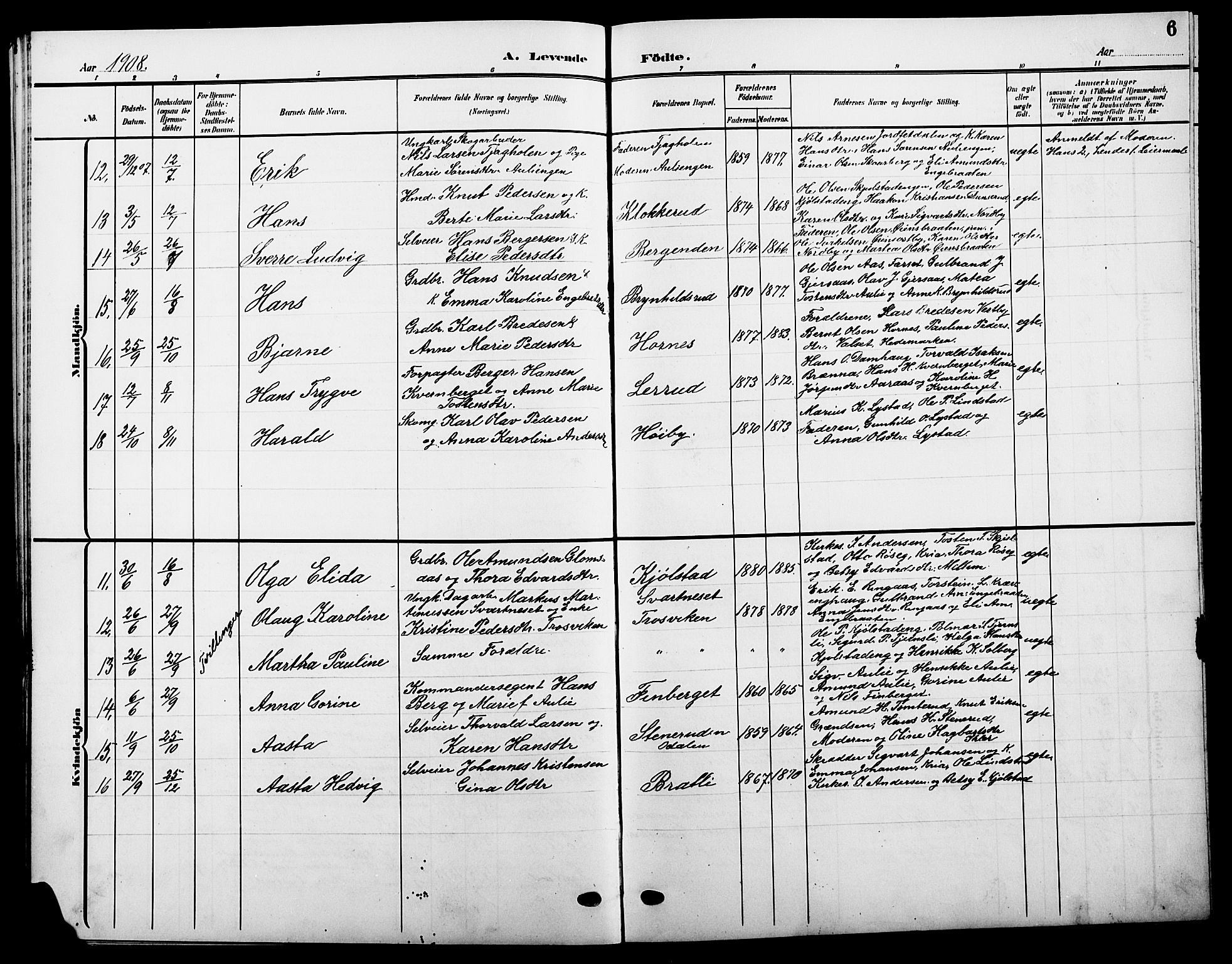 Sør-Odal prestekontor, AV/SAH-PREST-030/H/Ha/Hab/L0006: Klokkerbok nr. 6, 1906-1919, s. 6