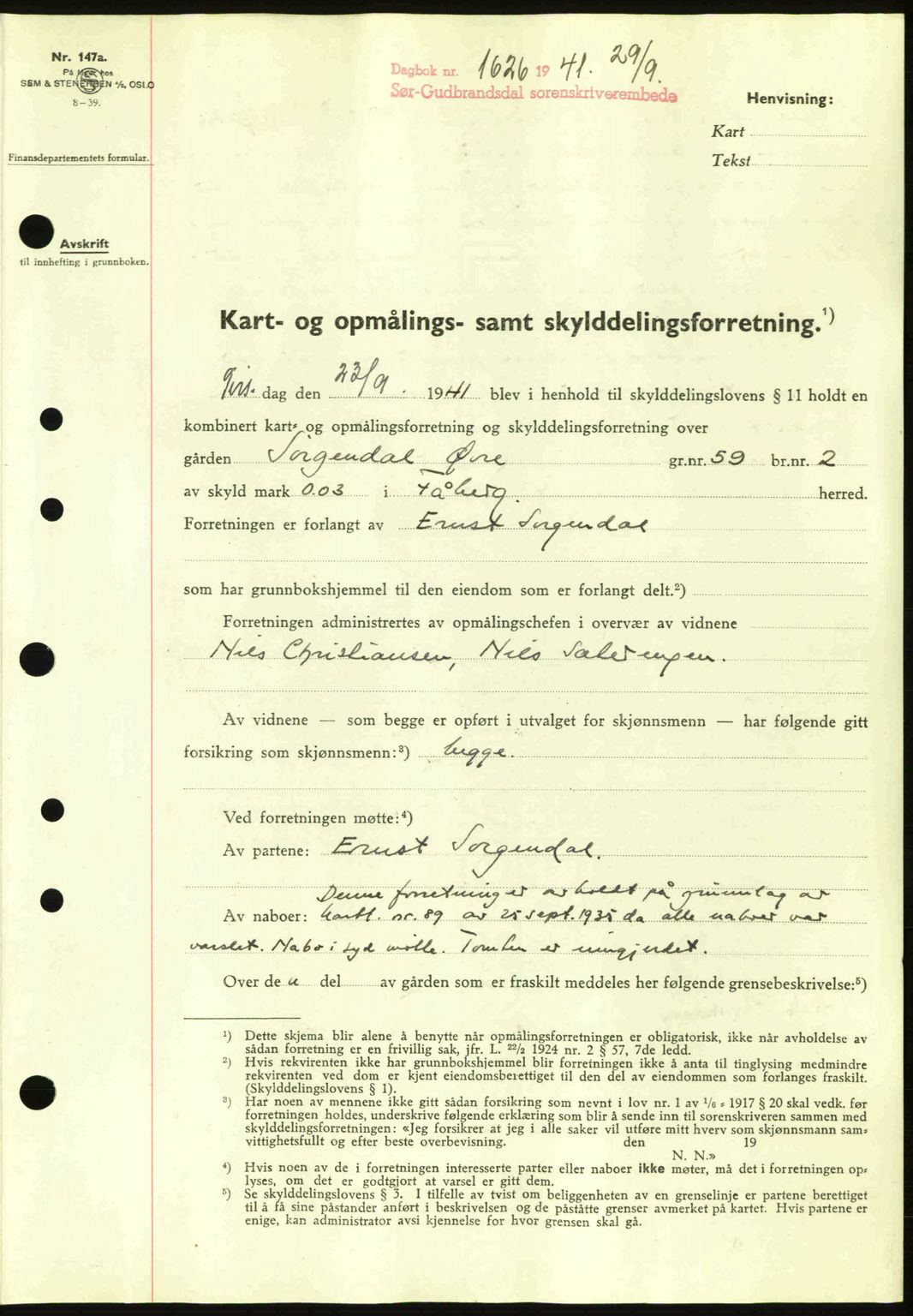 Sør-Gudbrandsdal tingrett, SAH/TING-004/H/Hb/Hbd/L0009: Pantebok nr. A9, 1941-1941, Dagboknr: 1626/1941