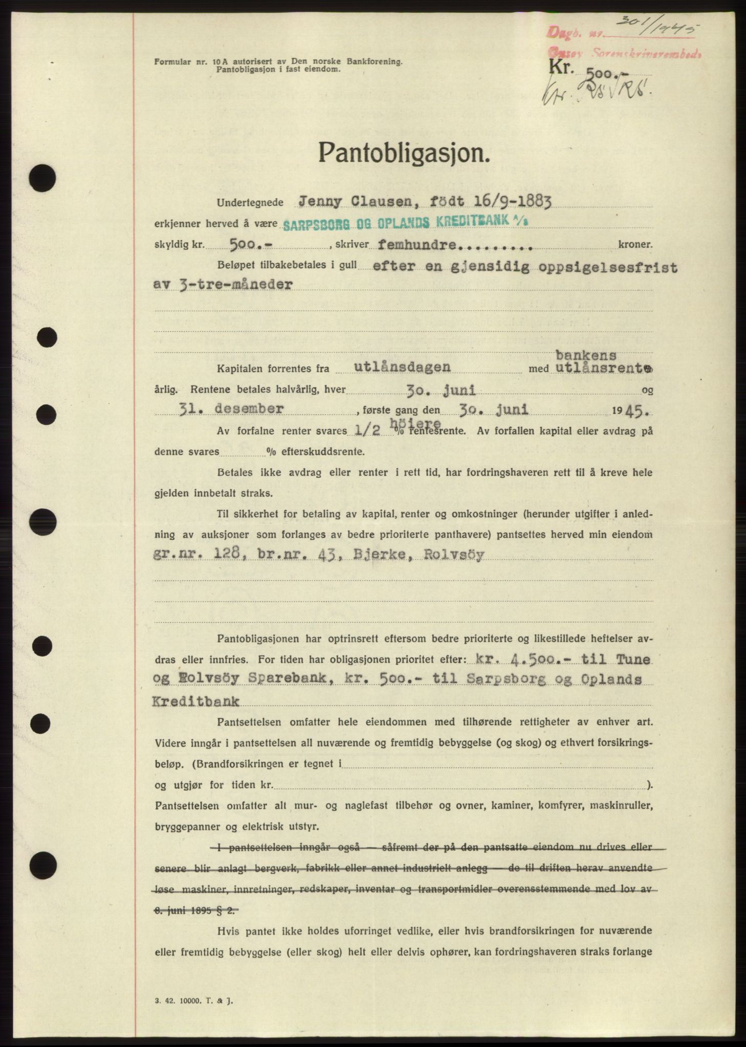 Onsøy sorenskriveri, SAO/A-10474/G/Ga/Gac/L0004: Pantebok nr. B4, 1944-1946, Dagboknr: 301/1945
