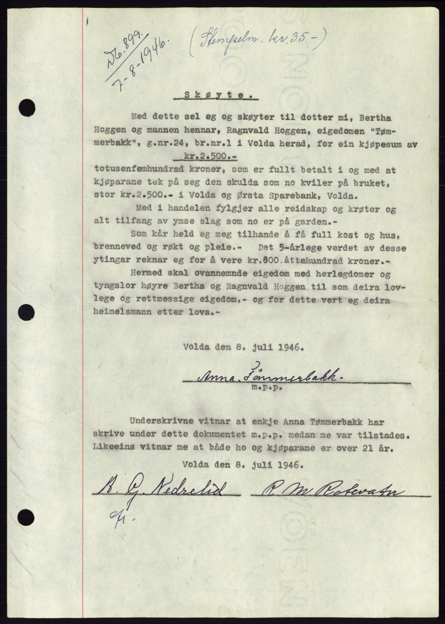 Søre Sunnmøre sorenskriveri, SAT/A-4122/1/2/2C/L0078: Pantebok nr. 4A, 1946-1946, Dagboknr: 899/1946