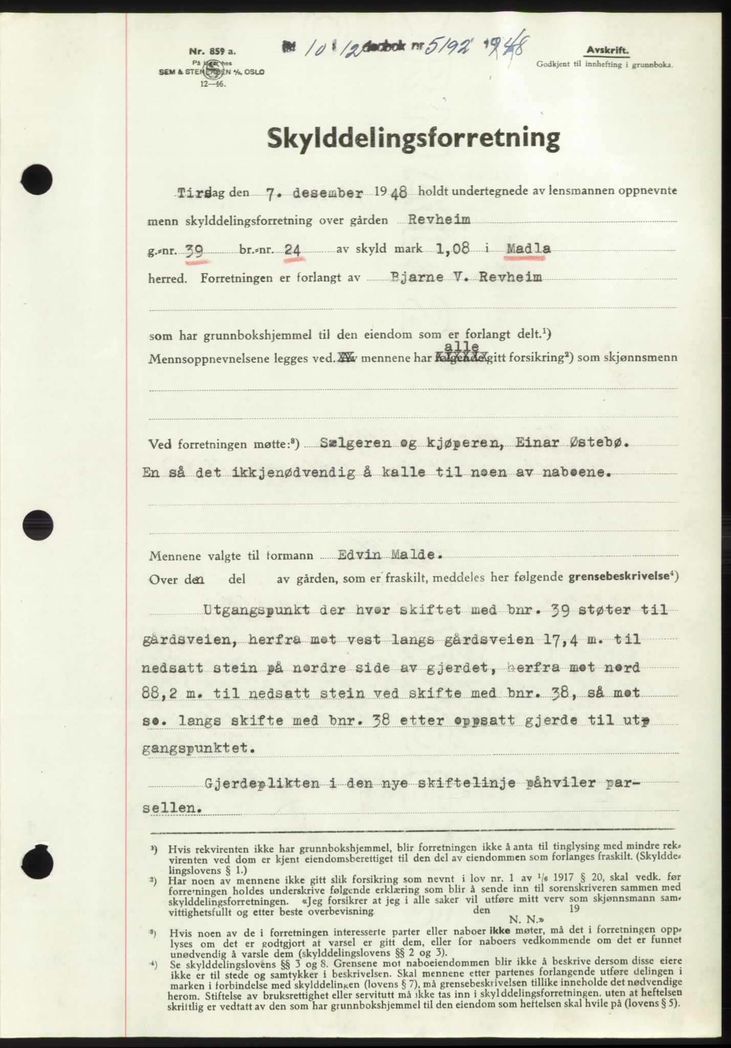 Jæren sorenskriveri, SAST/A-100310/03/G/Gba/L0100: Pantebok, 1948-1948, Dagboknr: 5192/1948