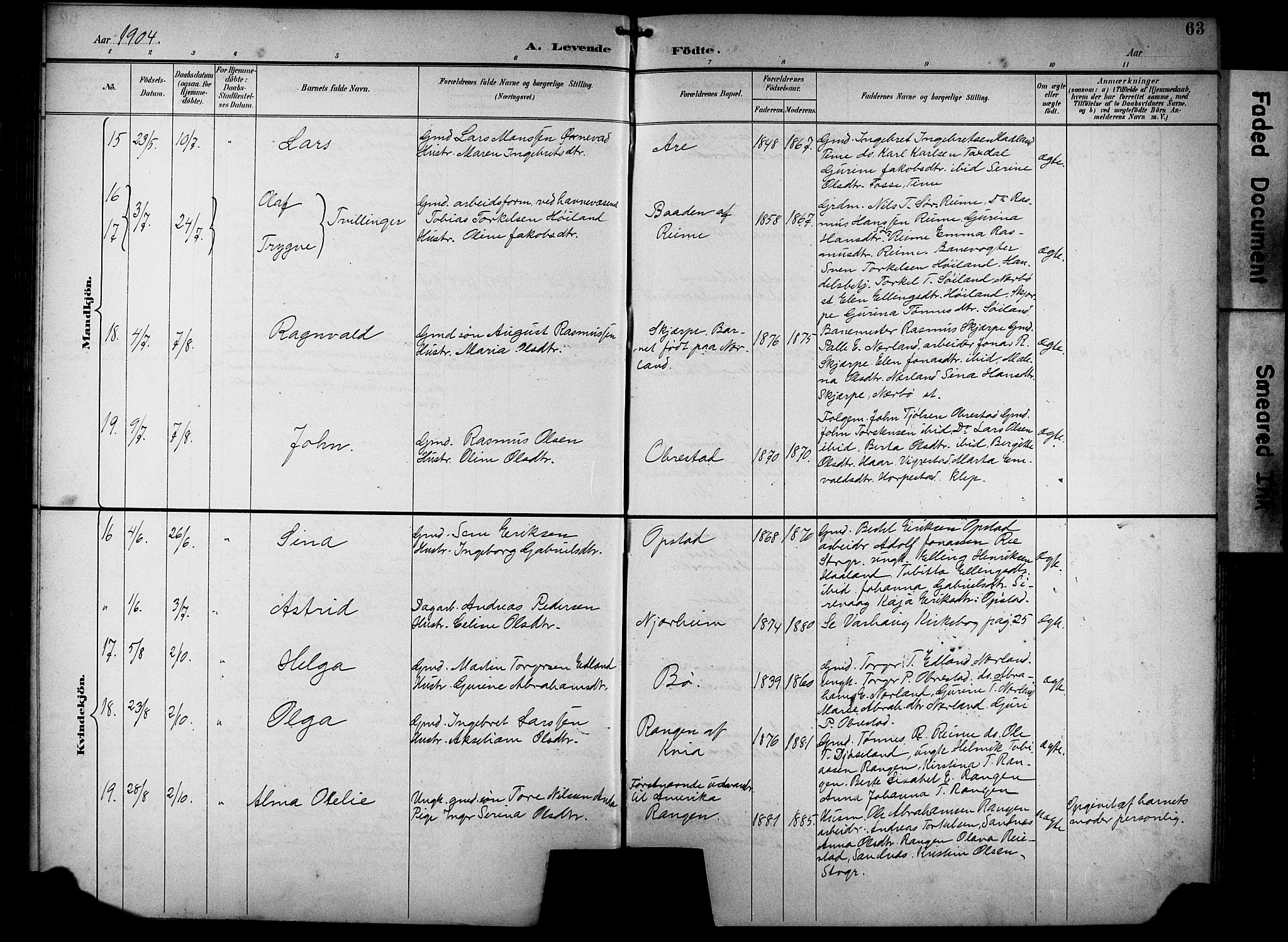 Hå sokneprestkontor, AV/SAST-A-101801/001/30BB/L0005: Klokkerbok nr. B 5, 1894-1912, s. 63