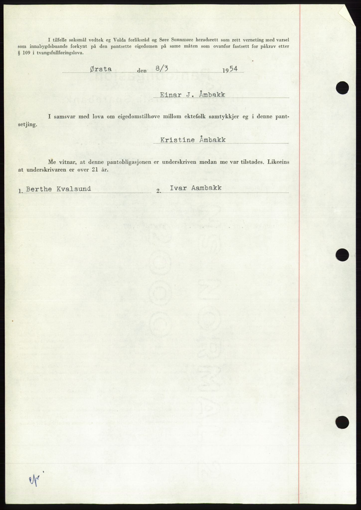 Søre Sunnmøre sorenskriveri, AV/SAT-A-4122/1/2/2C/L0124: Pantebok nr. 12B, 1953-1954, Dagboknr: 708/1954