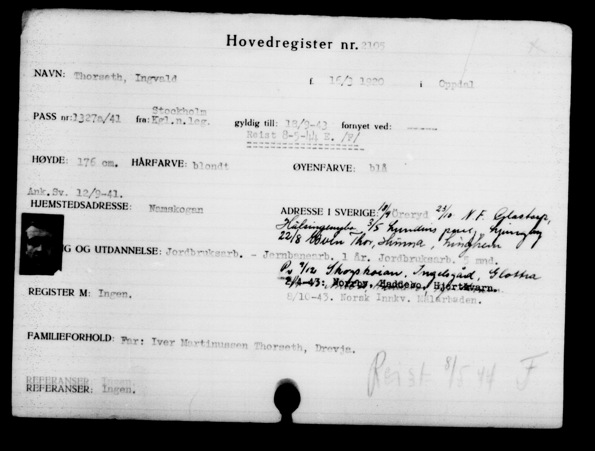 Den Kgl. Norske Legasjons Flyktningskontor, AV/RA-S-6753/V/Va/L0003: Kjesäterkartoteket.  Flyktningenr. 2001-3495, 1940-1945, s. 143