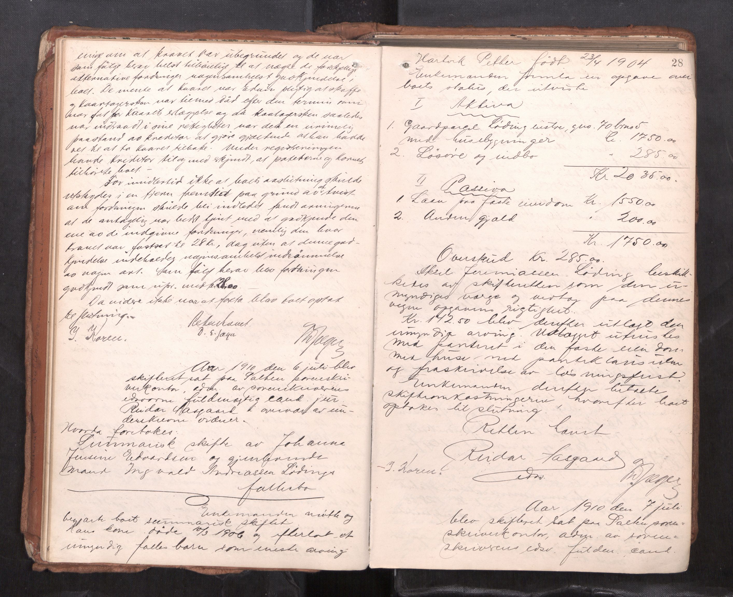 Salten sorenskriveri, AV/SAT-A-4578/1/3/3B/L0012: Skiftebehandlingsprotokoll, 1910-1915, s. 28