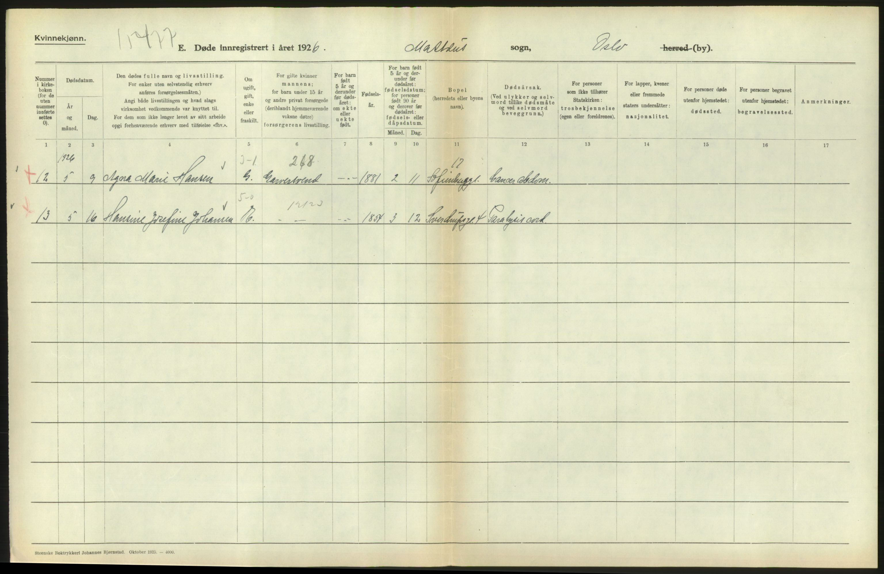 Statistisk sentralbyrå, Sosiodemografiske emner, Befolkning, AV/RA-S-2228/D/Df/Dfc/Dfcf/L0010: Oslo: Døde kvinner, dødfødte, 1926, s. 540