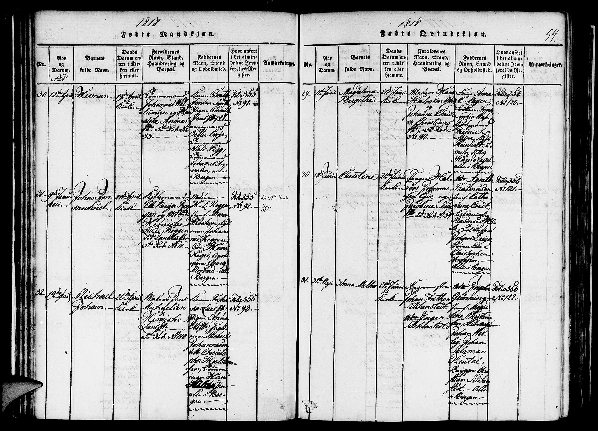 Nykirken Sokneprestembete, AV/SAB-A-77101/H/Haa/L0011: Ministerialbok nr. A 11, 1816-1821, s. 54