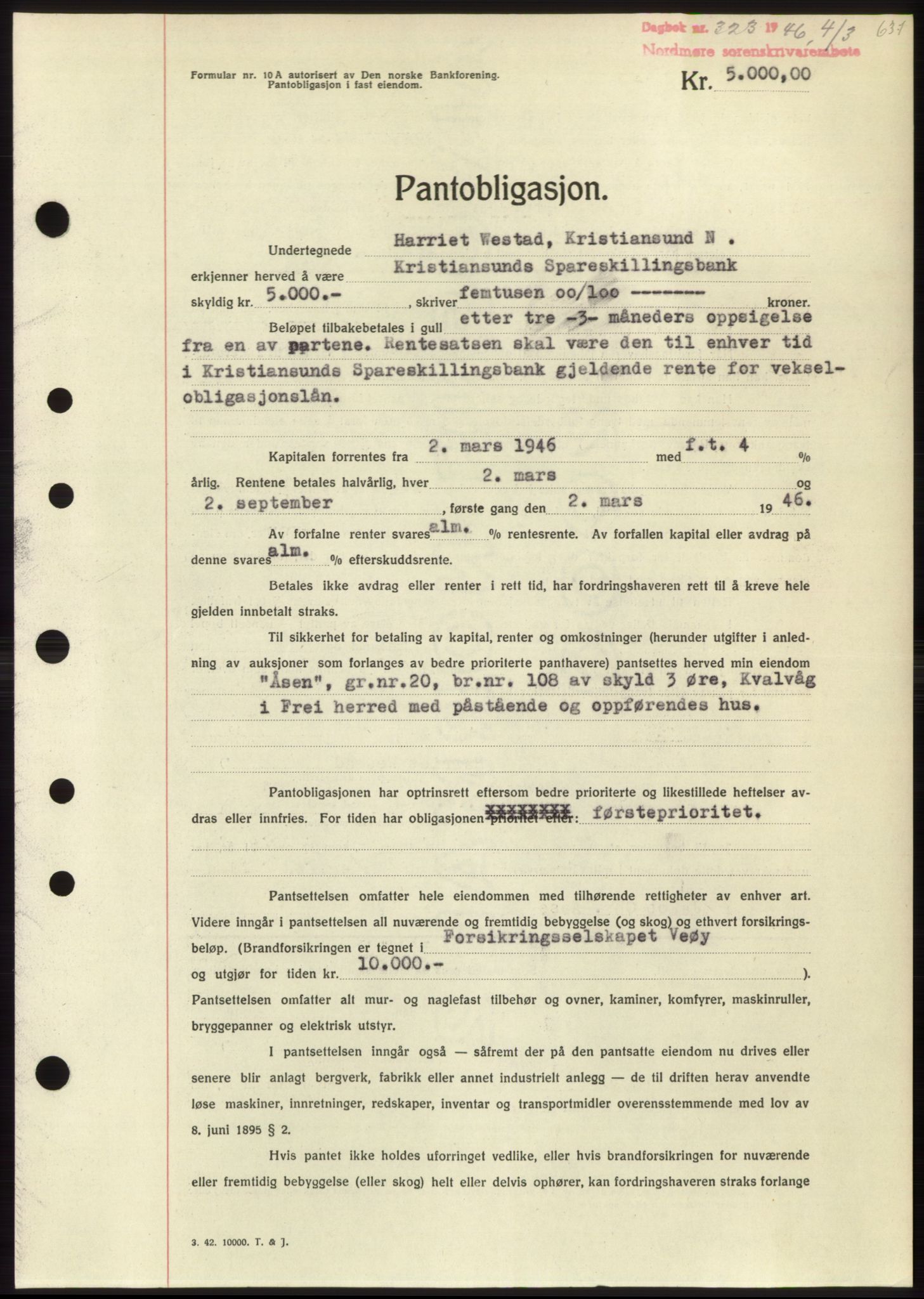 Nordmøre sorenskriveri, SAT/A-4132/1/2/2Ca: Pantebok nr. B93b, 1946-1946, Dagboknr: 323/1946