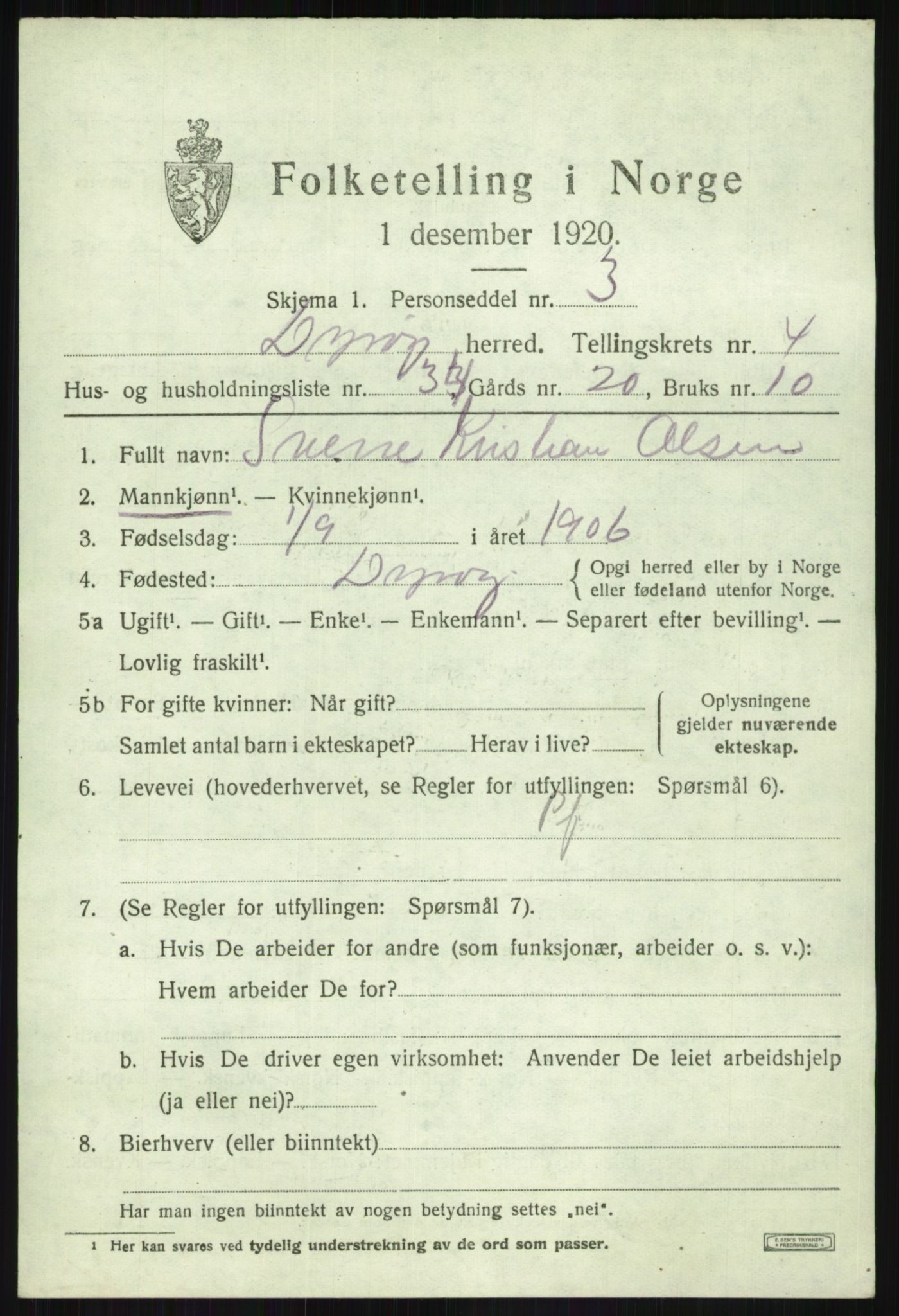SATØ, Folketelling 1920 for 1926 Dyrøy herred, 1920, s. 2587