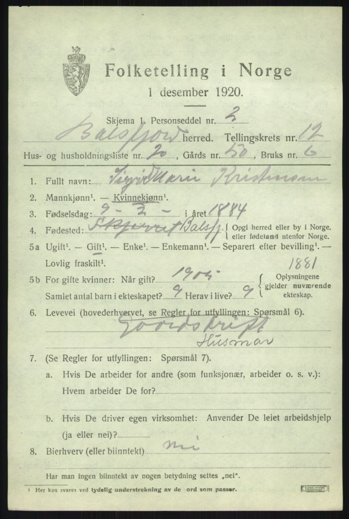 SATØ, Folketelling 1920 for 1933 Balsfjord herred, 1920, s. 7485