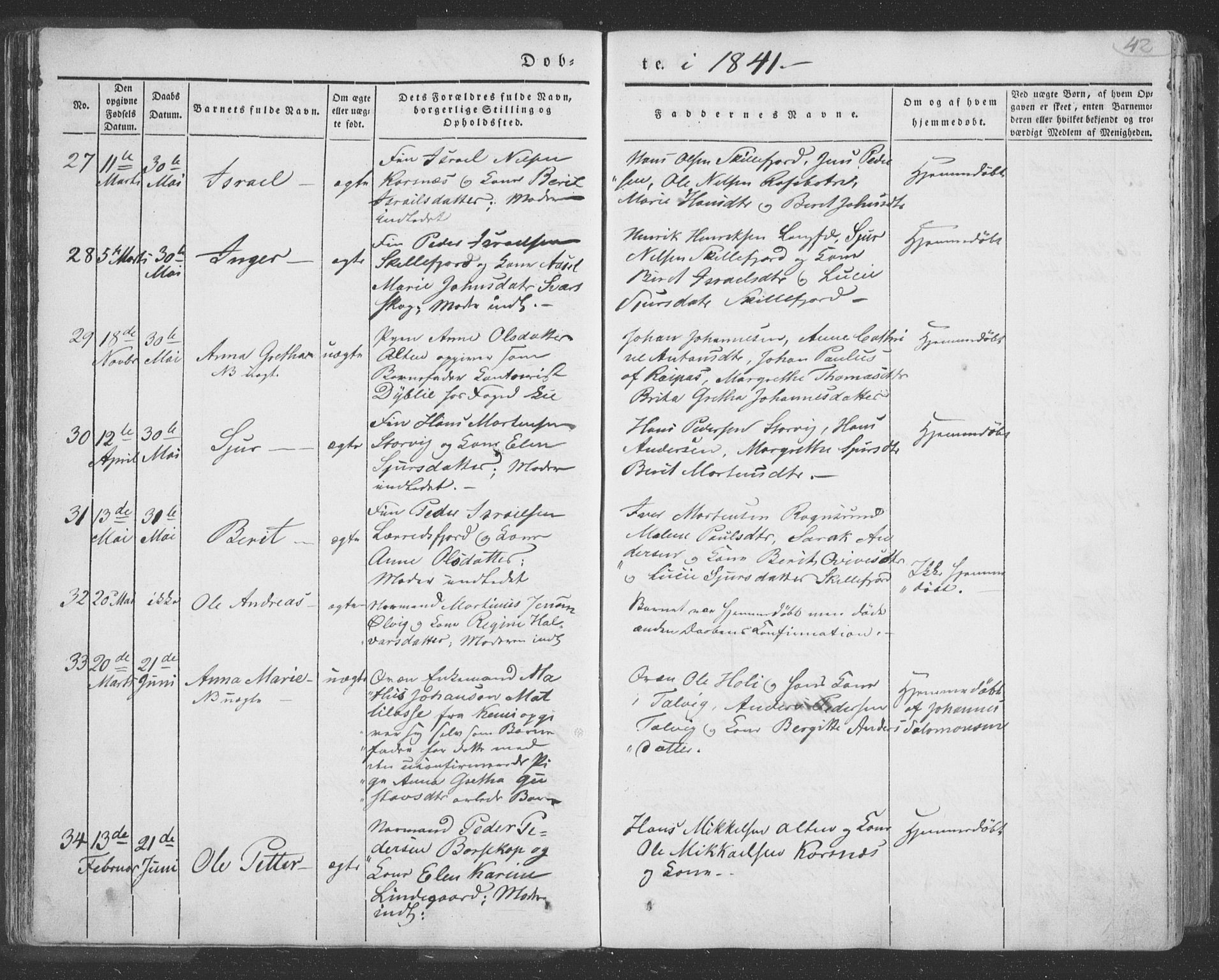 Talvik sokneprestkontor, AV/SATØ-S-1337/H/Ha/L0009kirke: Ministerialbok nr. 9, 1837-1852, s. 42