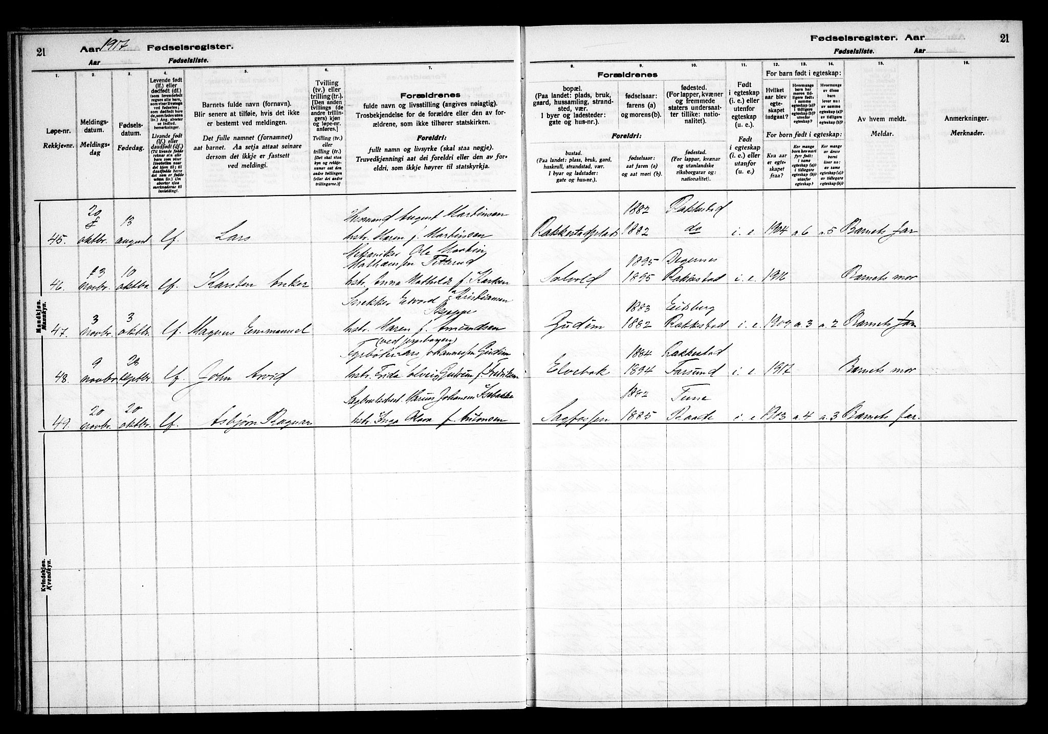 Rakkestad prestekontor Kirkebøker, AV/SAO-A-2008/J/Ja/L0001: Fødselsregister nr. I 1, 1916-1936, s. 21