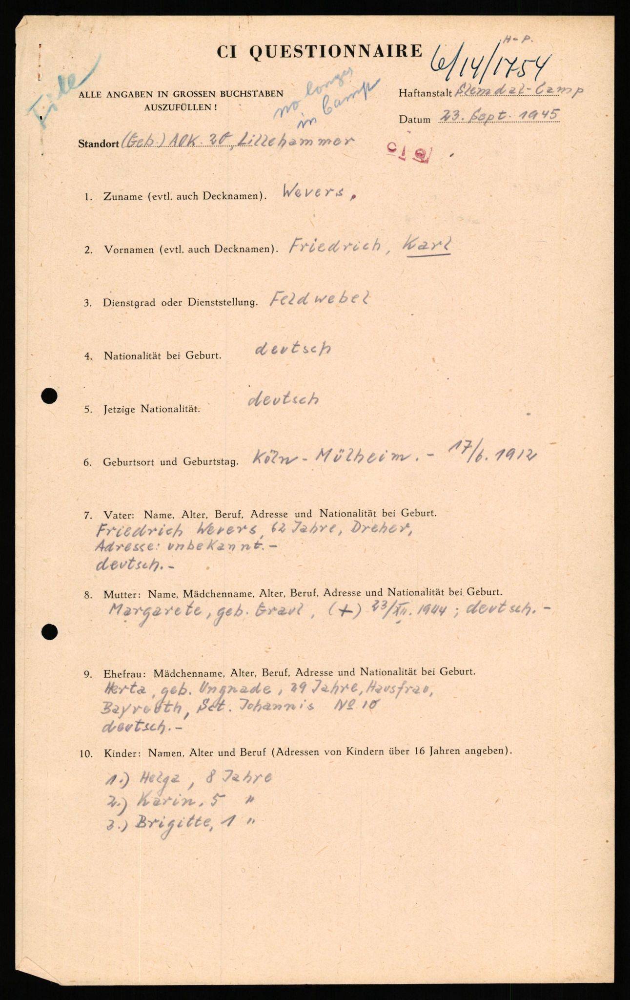 Forsvaret, Forsvarets overkommando II, AV/RA-RAFA-3915/D/Db/L0035: CI Questionaires. Tyske okkupasjonsstyrker i Norge. Tyskere., 1945-1946, s. 474