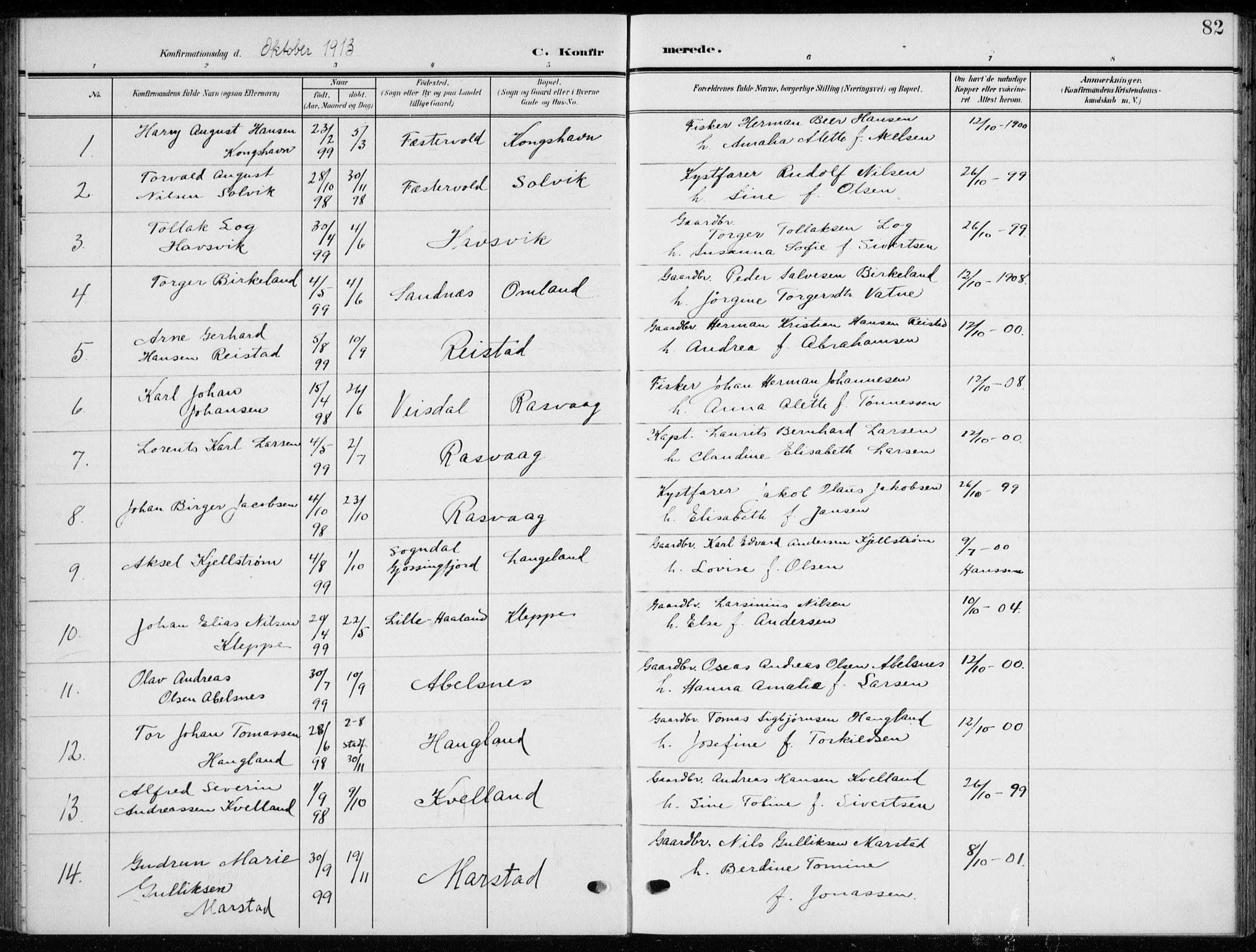 Flekkefjord sokneprestkontor, AV/SAK-1111-0012/F/Fb/Fbb/L0005: Klokkerbok nr. B 5, 1908-1927, s. 82