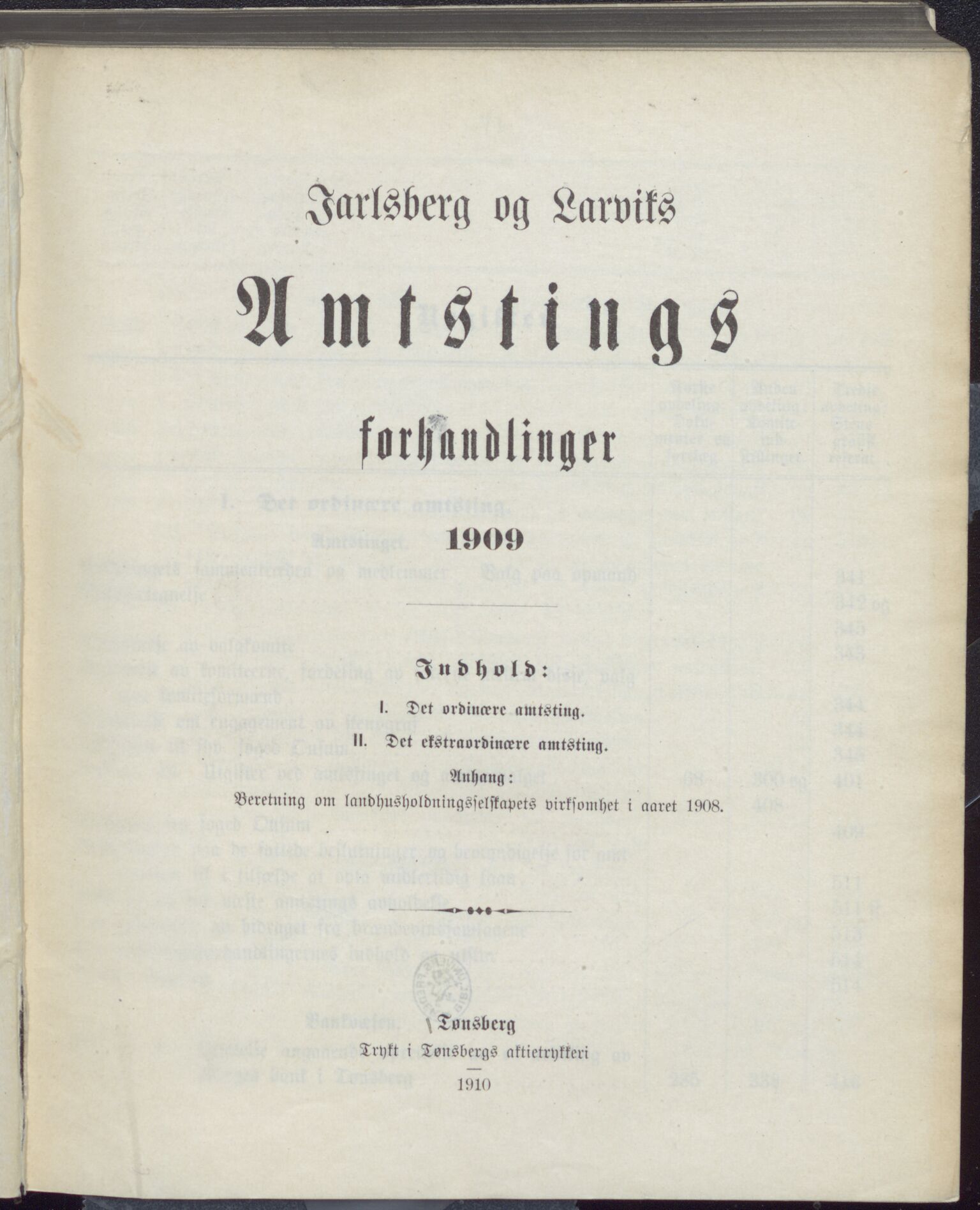 Vestfold fylkeskommune. Fylkestinget, VEMU/A-1315/A/Ab/Abb/L0056: Fylkestingsforhandlinger, 1909