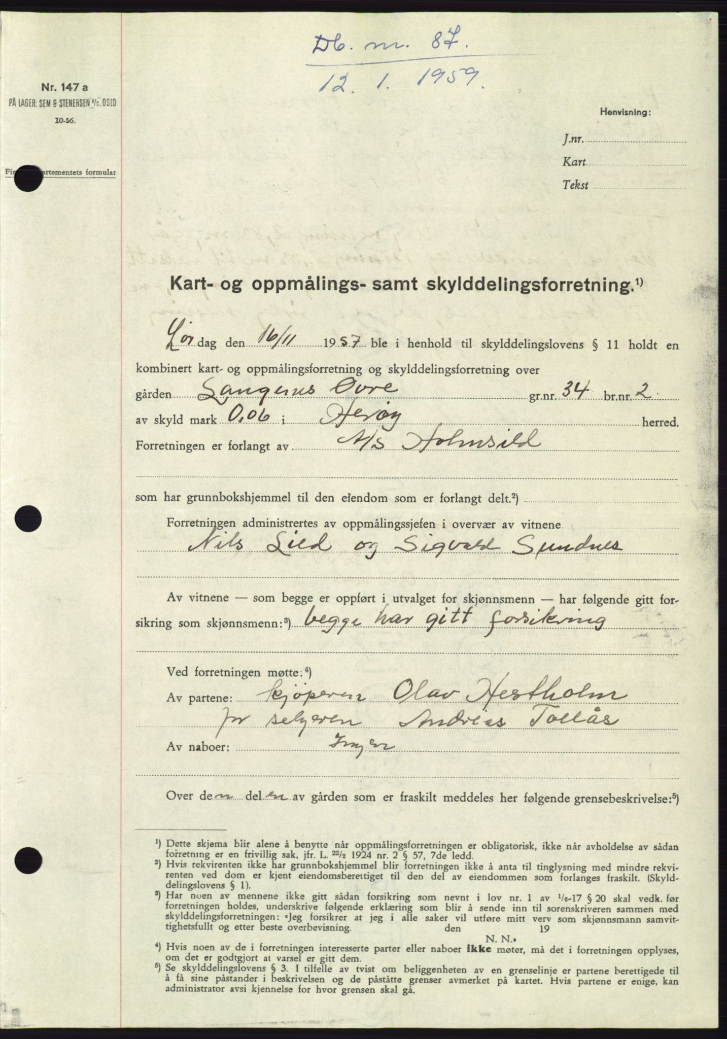Søre Sunnmøre sorenskriveri, SAT/A-4122/1/2/2C/L0111: Pantebok nr. 37A, 1958-1959, Dagboknr: 87/1959