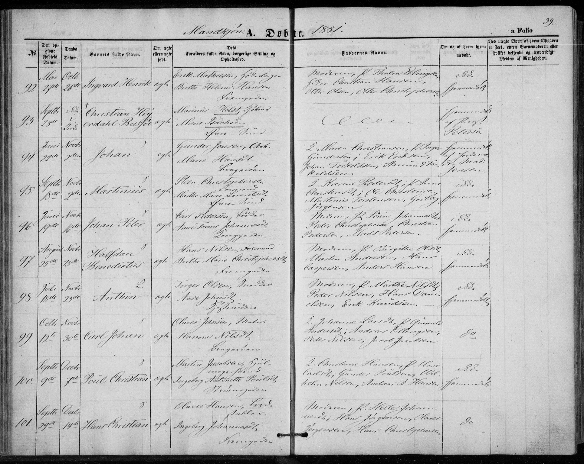 Bragernes kirkebøker, AV/SAKO-A-6/F/Fb/L0002: Ministerialbok nr. II 2, 1848-1859, s. 39