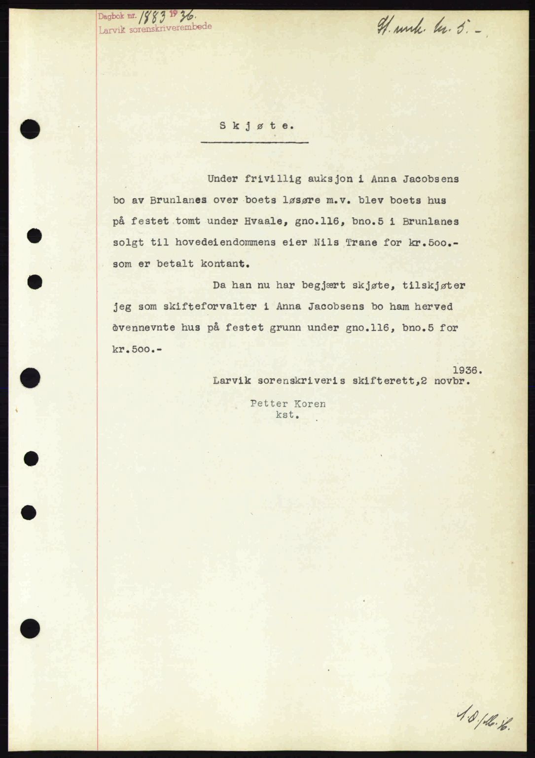 Larvik sorenskriveri, SAKO/A-83/G/Ga/Gab/L0067: Pantebok nr. A-1, 1936-1937, Dagboknr: 1883/1936