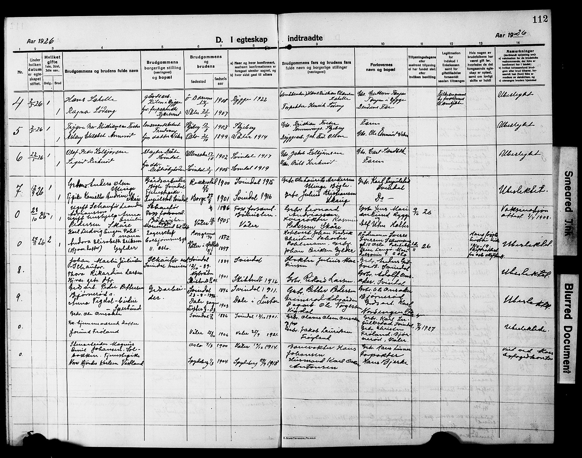 Våler prestekontor Kirkebøker, AV/SAO-A-11083/G/Ga/L0005: Klokkerbok nr. I 5, 1915-1931, s. 112