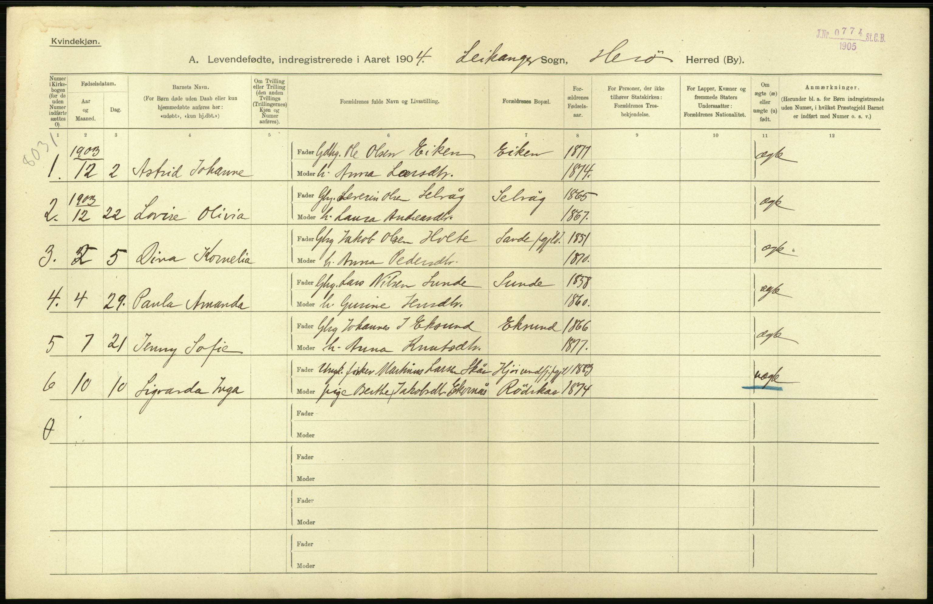 Statistisk sentralbyrå, Sosiodemografiske emner, Befolkning, AV/RA-S-2228/D/Df/Dfa/Dfab/L0016: Romsdals amt: Fødte, gifte, døde., 1904, s. 32