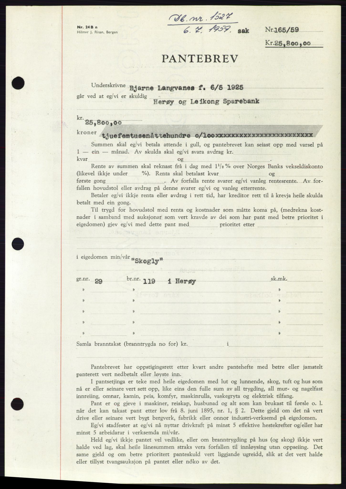 Søre Sunnmøre sorenskriveri, SAT/A-4122/1/2/2C/L0133: Pantebok nr. 21B, 1959-1959, Dagboknr: 1527/1959