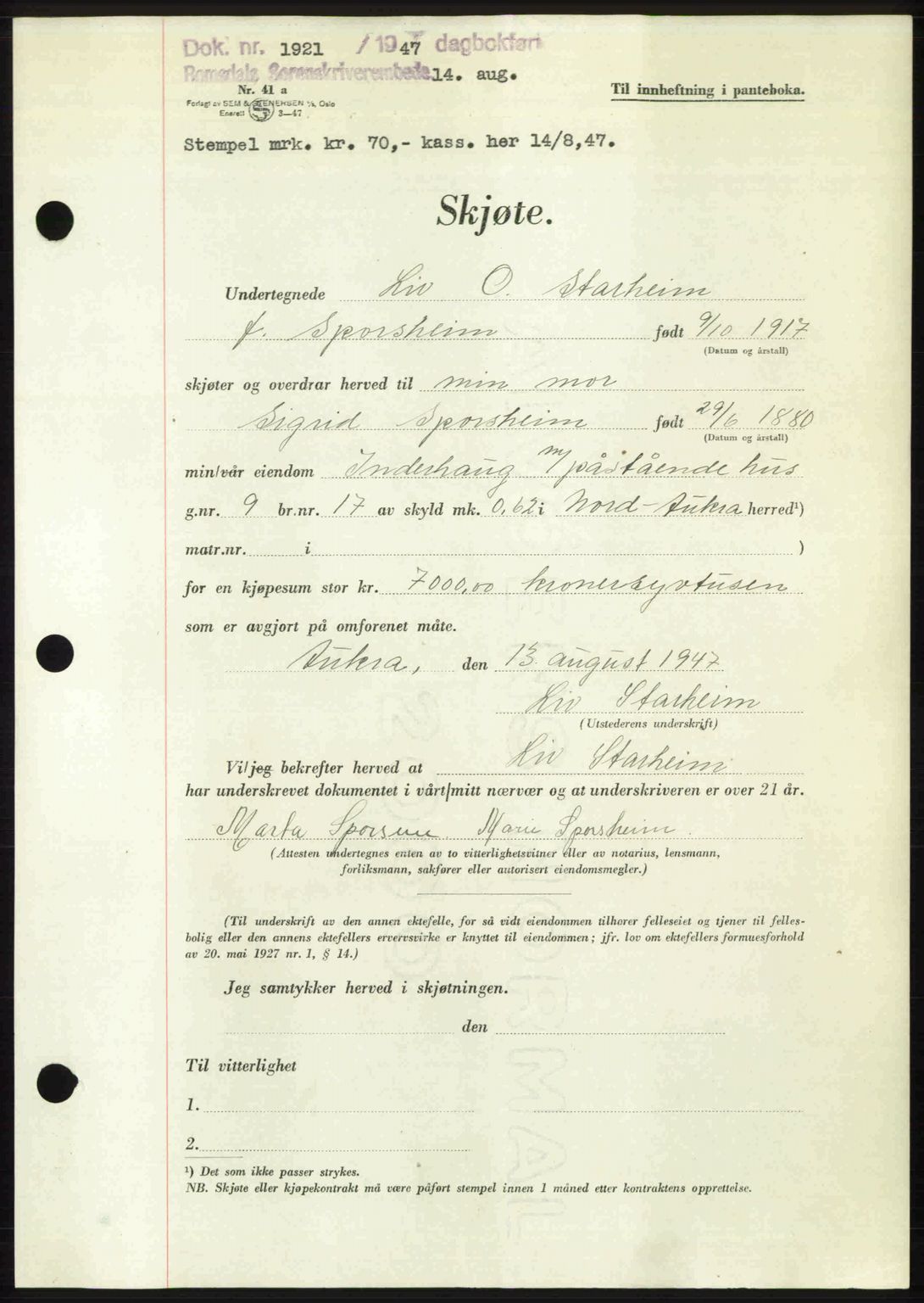 Romsdal sorenskriveri, AV/SAT-A-4149/1/2/2C: Pantebok nr. A23, 1947-1947, Dagboknr: 1921/1947