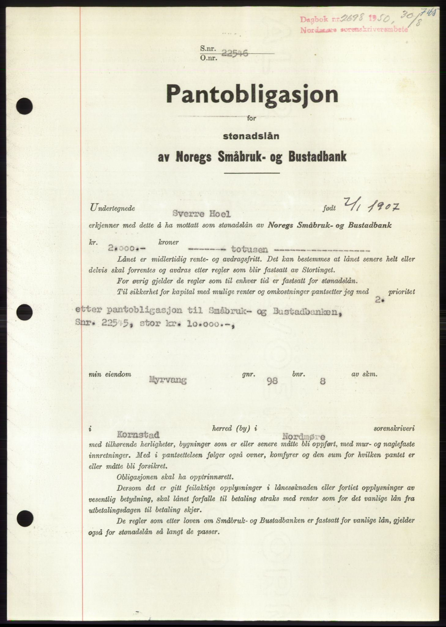 Nordmøre sorenskriveri, AV/SAT-A-4132/1/2/2Ca: Pantebok nr. B105, 1950-1950, Dagboknr: 2698/1950