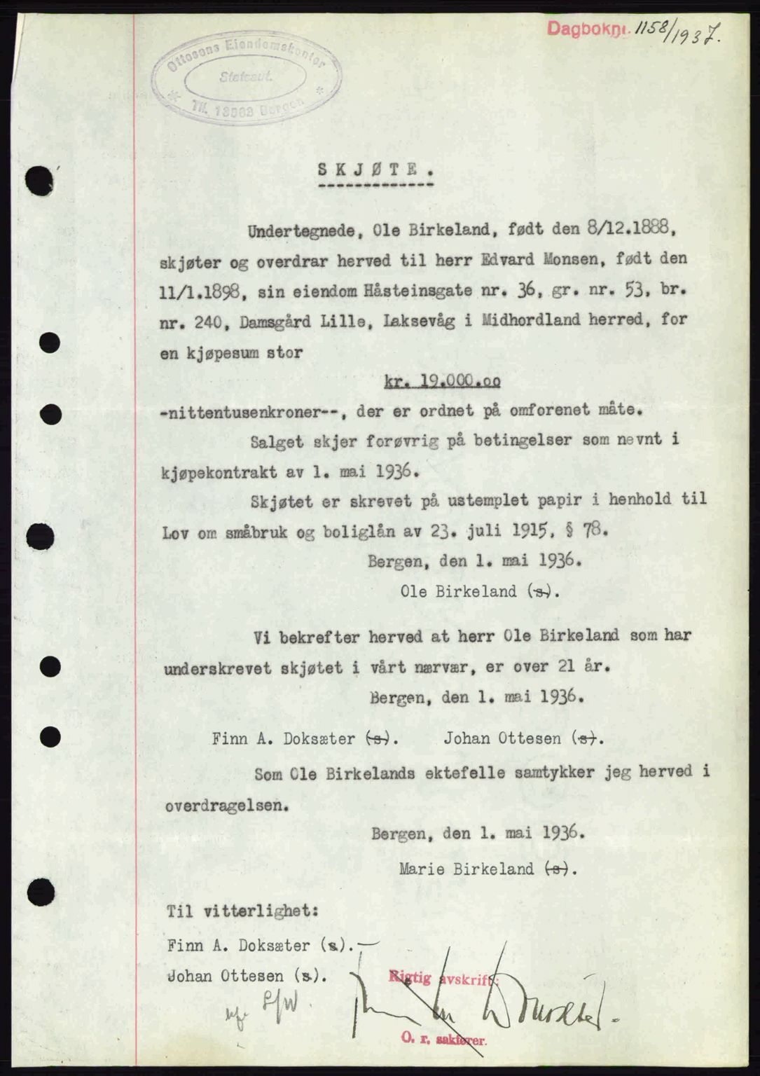 Midhordland sorenskriveri, SAB/A-3001/1/G/Gb/Gbk/L0001: Pantebok nr. A1-6, 1936-1937, Dagboknr: 1158/1937
