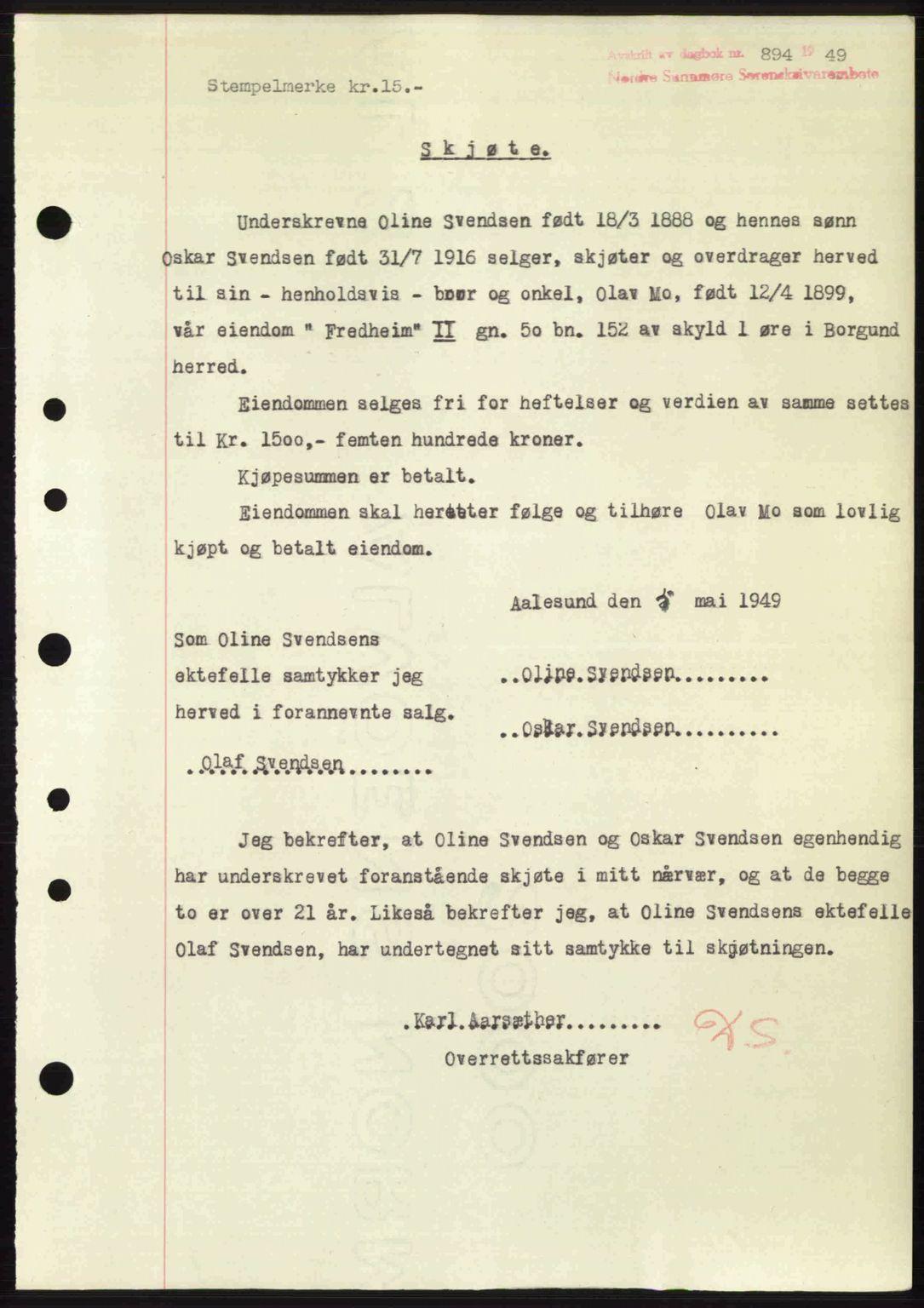 Nordre Sunnmøre sorenskriveri, SAT/A-0006/1/2/2C/2Ca: Pantebok nr. A30, 1949-1949, Dagboknr: 894/1949