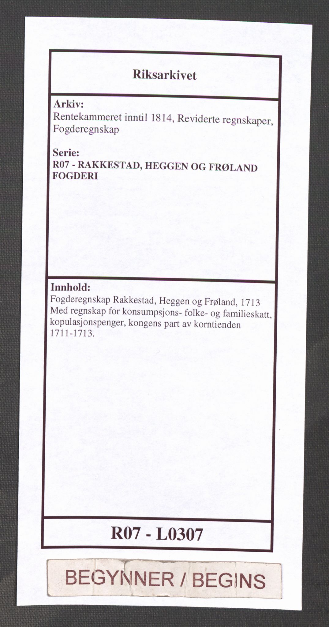 Rentekammeret inntil 1814, Reviderte regnskaper, Fogderegnskap, RA/EA-4092/R07/L0307: Fogderegnskap Rakkestad, Heggen og Frøland, 1713, s. 1