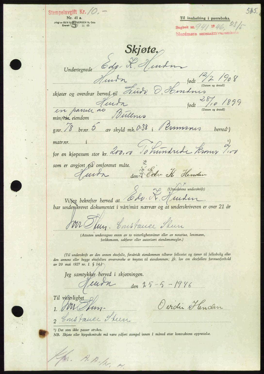 Nordmøre sorenskriveri, AV/SAT-A-4132/1/2/2Ca: Pantebok nr. A101, 1946-1946, Dagboknr: 941/1946