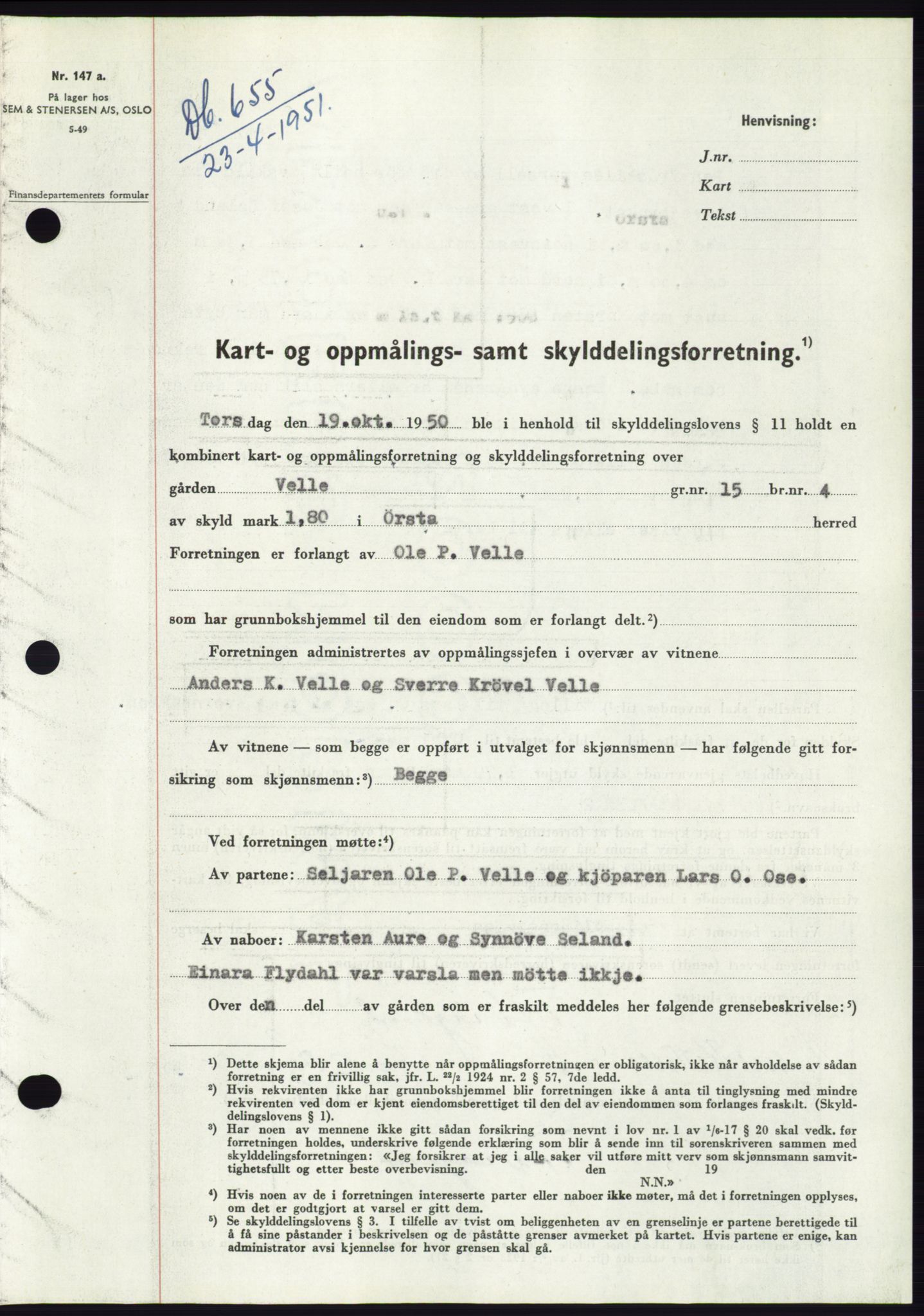 Søre Sunnmøre sorenskriveri, SAT/A-4122/1/2/2C/L0089: Pantebok nr. 15A, 1951-1951, Dagboknr: 655/1951