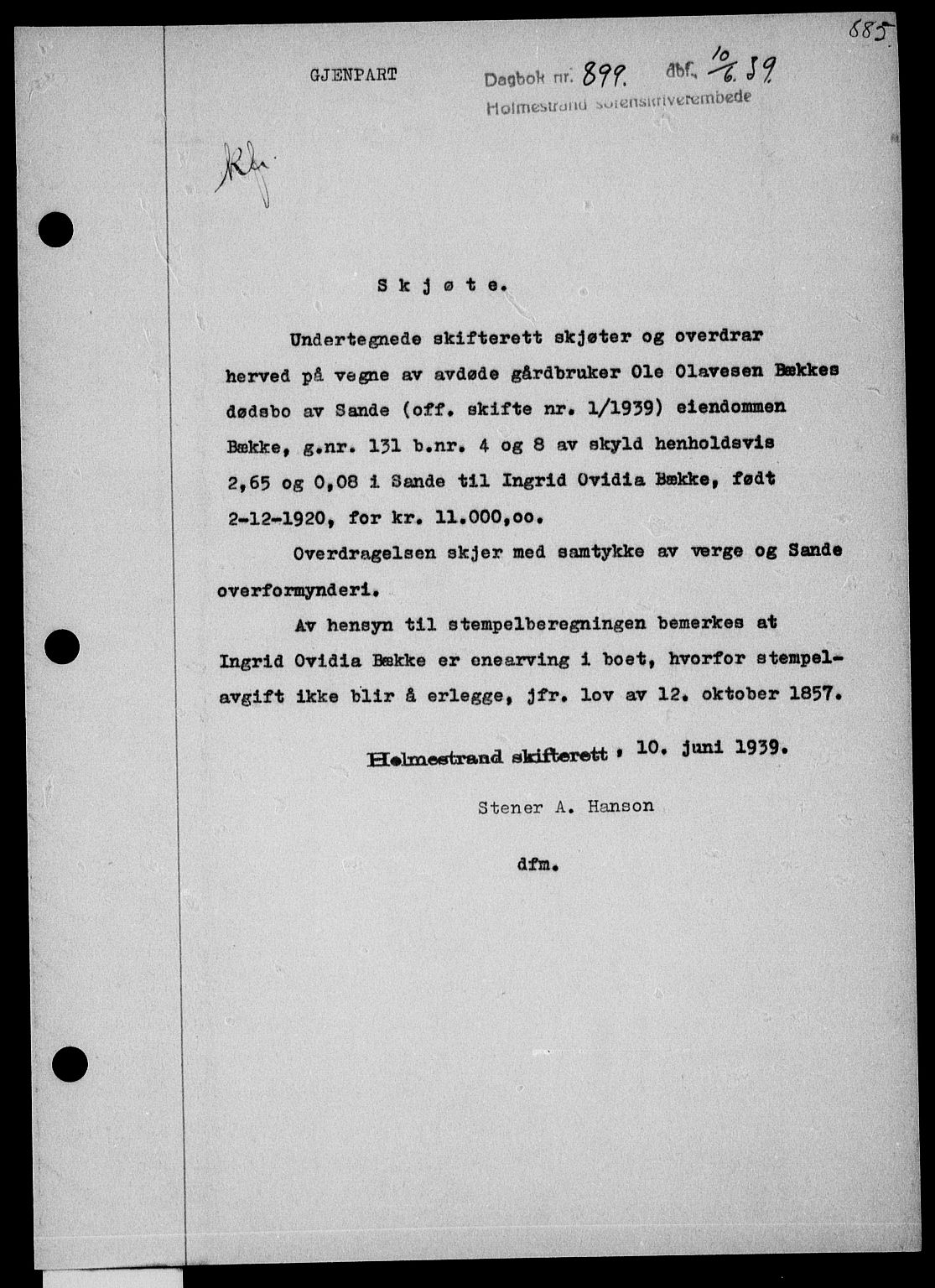 Holmestrand sorenskriveri, SAKO/A-67/G/Ga/Gaa/L0050: Pantebok nr. A-50, 1938-1939, Dagboknr: 899/1939