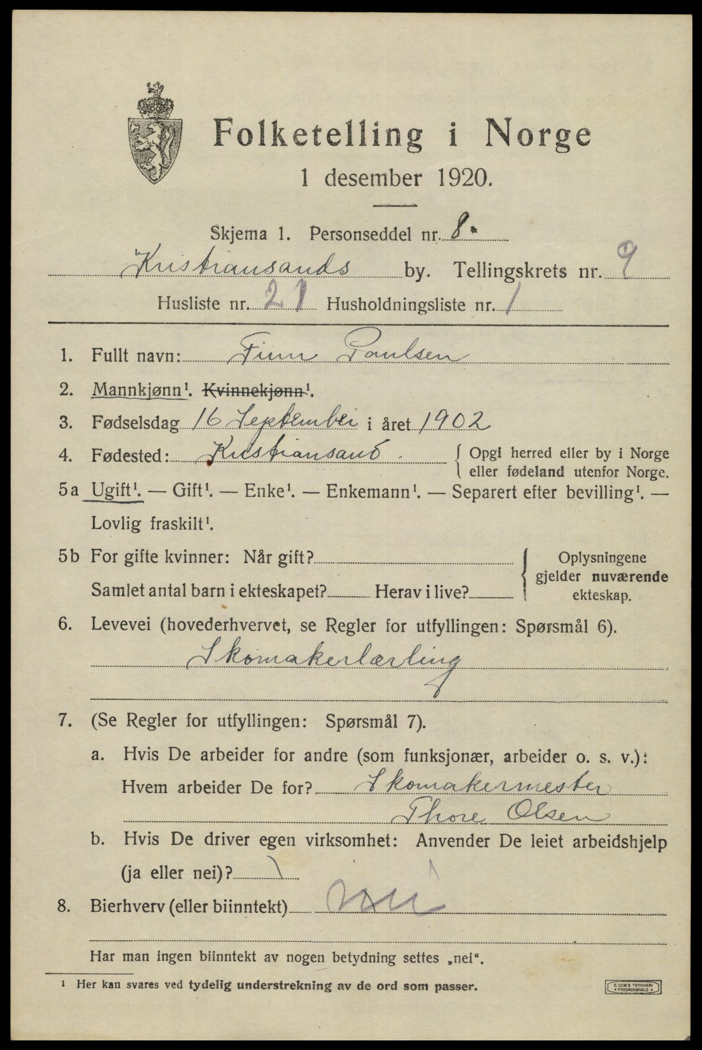 SAK, Folketelling 1920 for 1001 Kristiansand kjøpstad, 1920, s. 22881