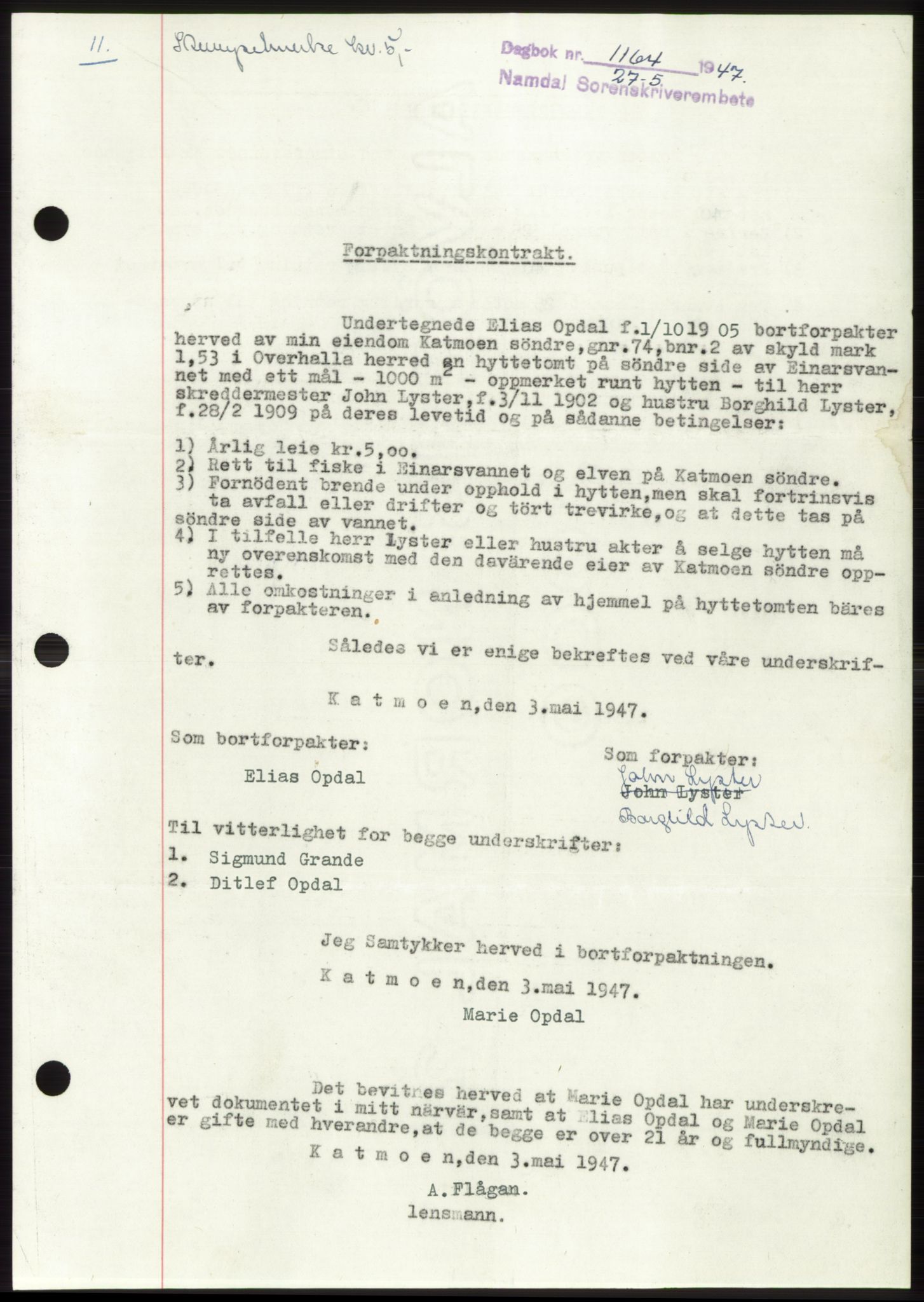 Namdal sorenskriveri, SAT/A-4133/1/2/2C: Pantebok nr. -, 1947-1947, Dagboknr: 1164/1947